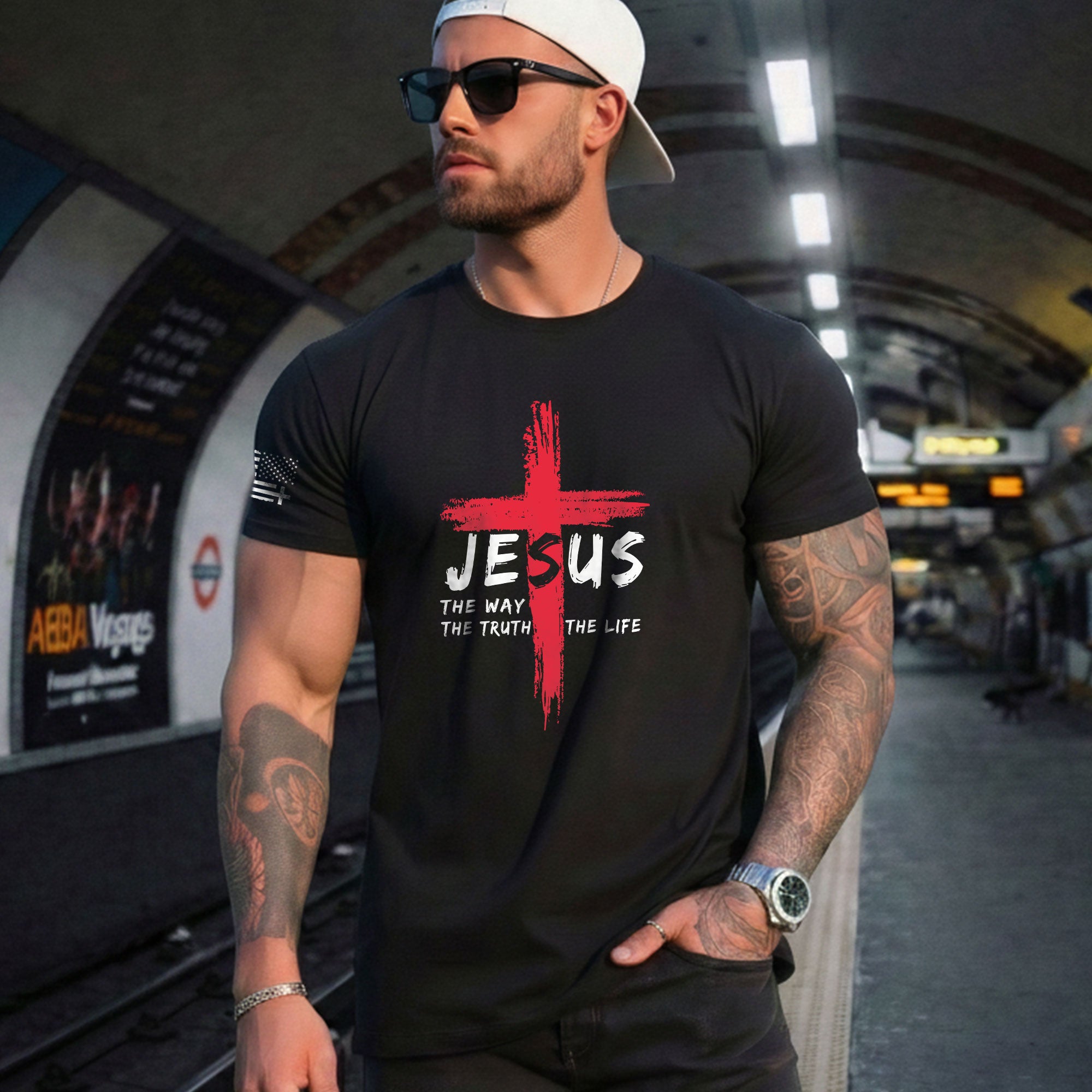 Faith Based Christian Tee Shirts, Jesus The Way The Truth The Life Red Cross Christian - Christian Shirts for Men - Rust Field Wear
