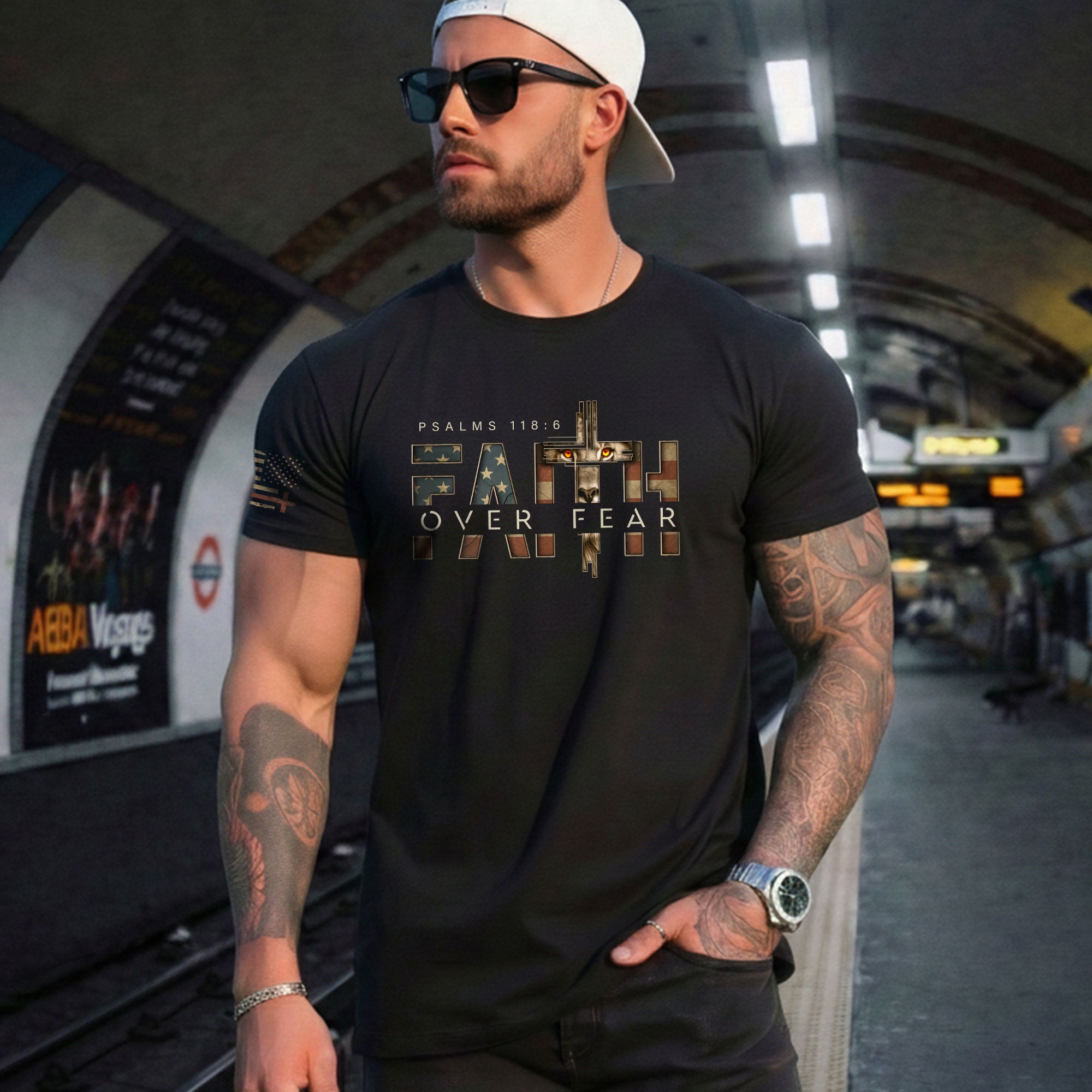 Faith Over Fear Lion Cross American Flag Psalms 118:6 Christian, Christian Tee Shirts - Faith Shirts for Men - Rust Field Wear
