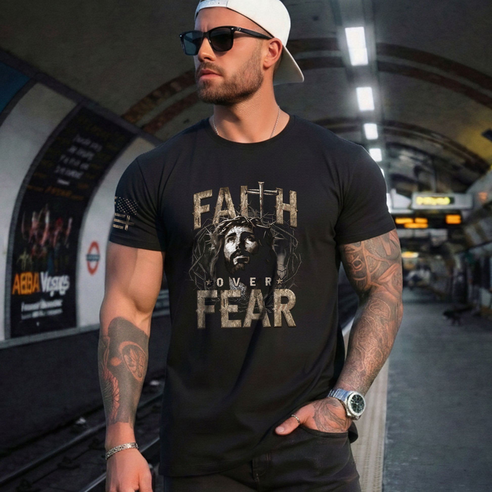 Faith Over Fear Christian Jesus Crown Cross Design, Christian Tee Shirts - Faith Shirts for Men - Rust Field Wear