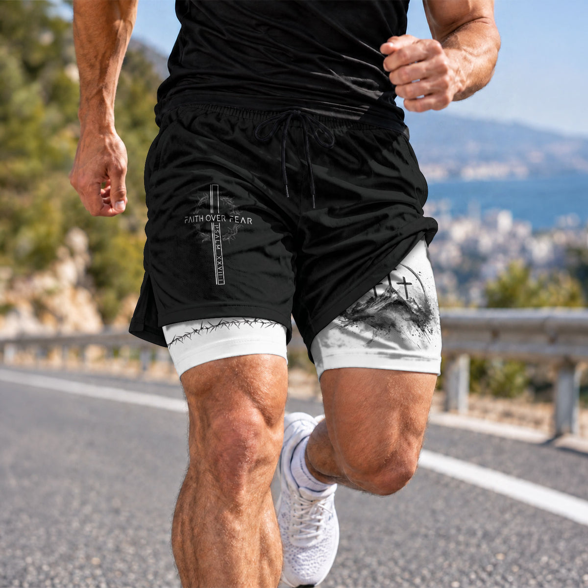 Faith Over Fear Christian Gym Shorts for Men Psalms 27:1 Cross Design - Rust Field Wear
