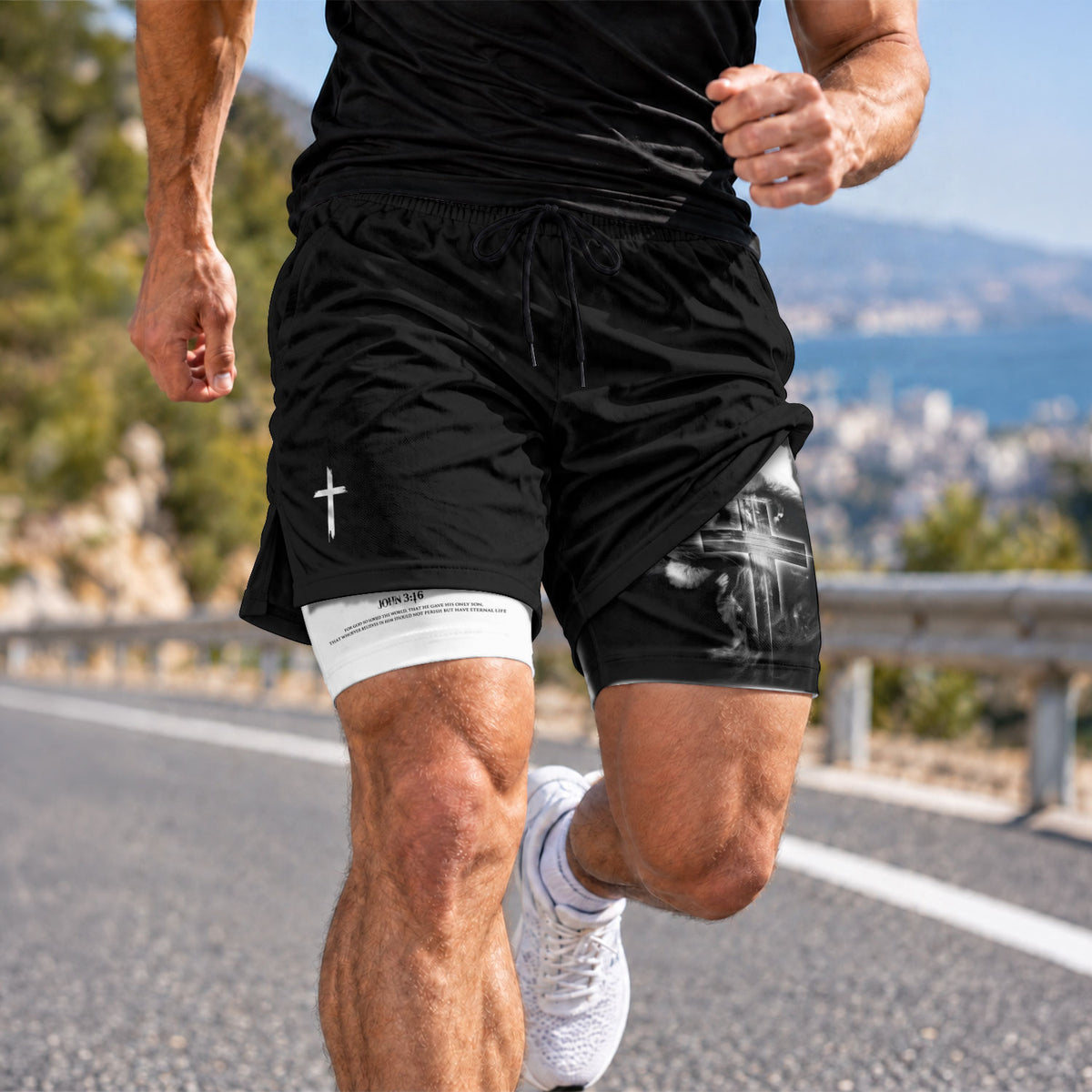 John 3:16 Christian Gym Shorts for Men Lion Cross Faith Design - Rust Field Wear