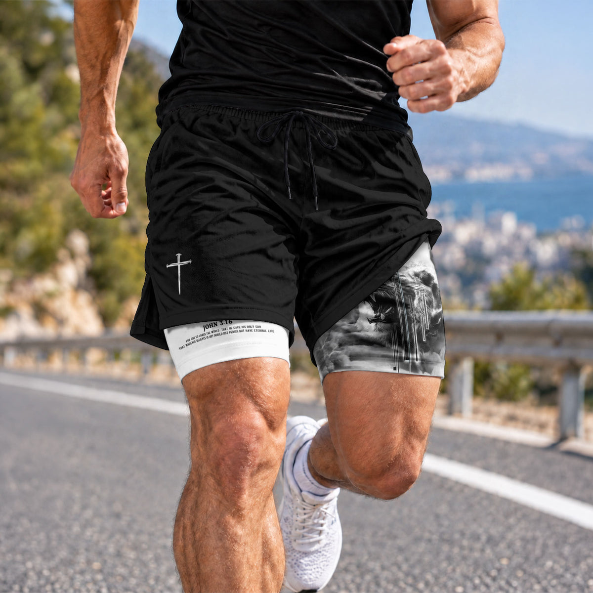 John 3:16 Christian Gym Shorts for Men Lion Cross Bible Verse - Rust Field Wear