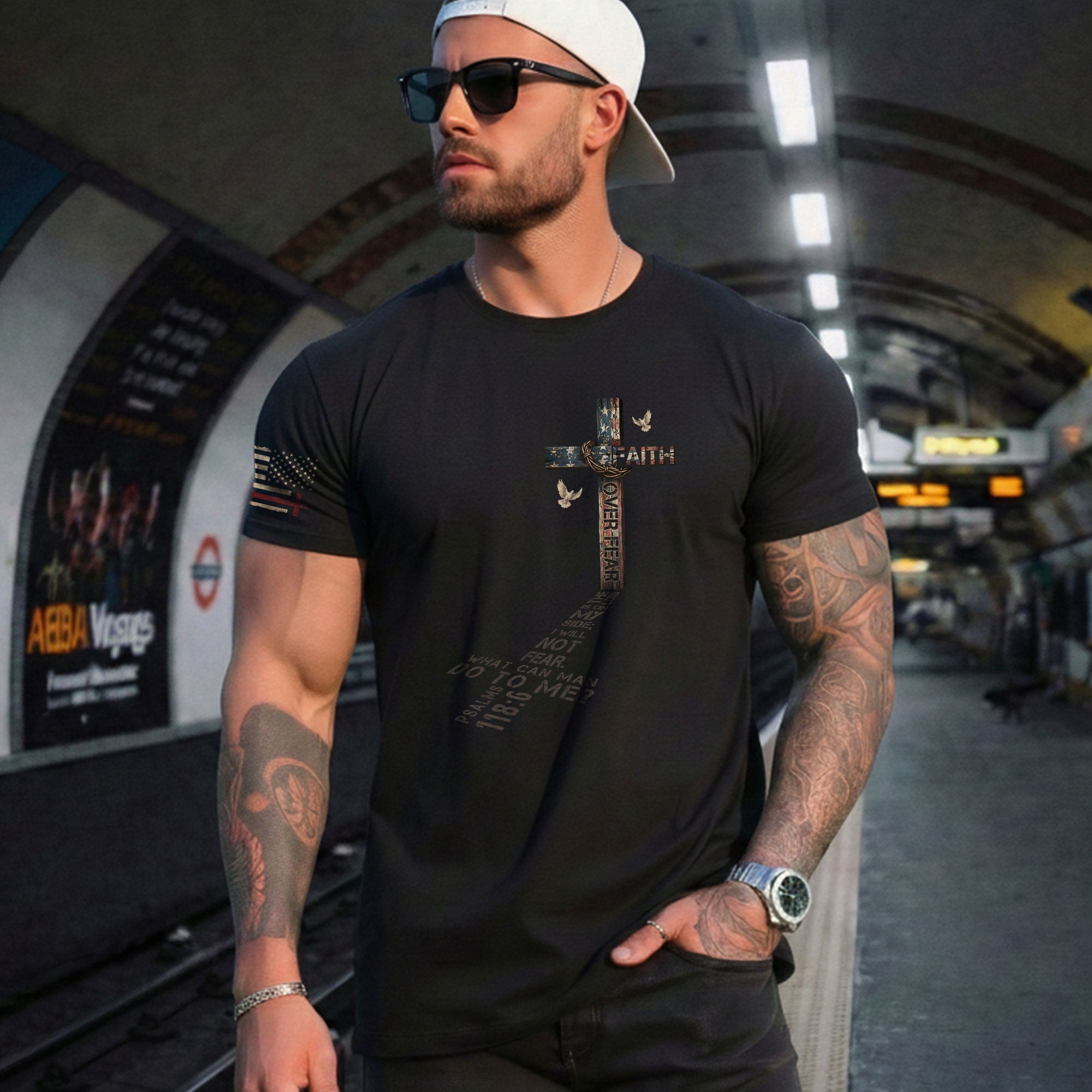 Faith Over Fear Cross American Flag Christian Psalm 118:6 Design, Christian Shirts for Men - Christian Tee Shirts - Rust Field Wear