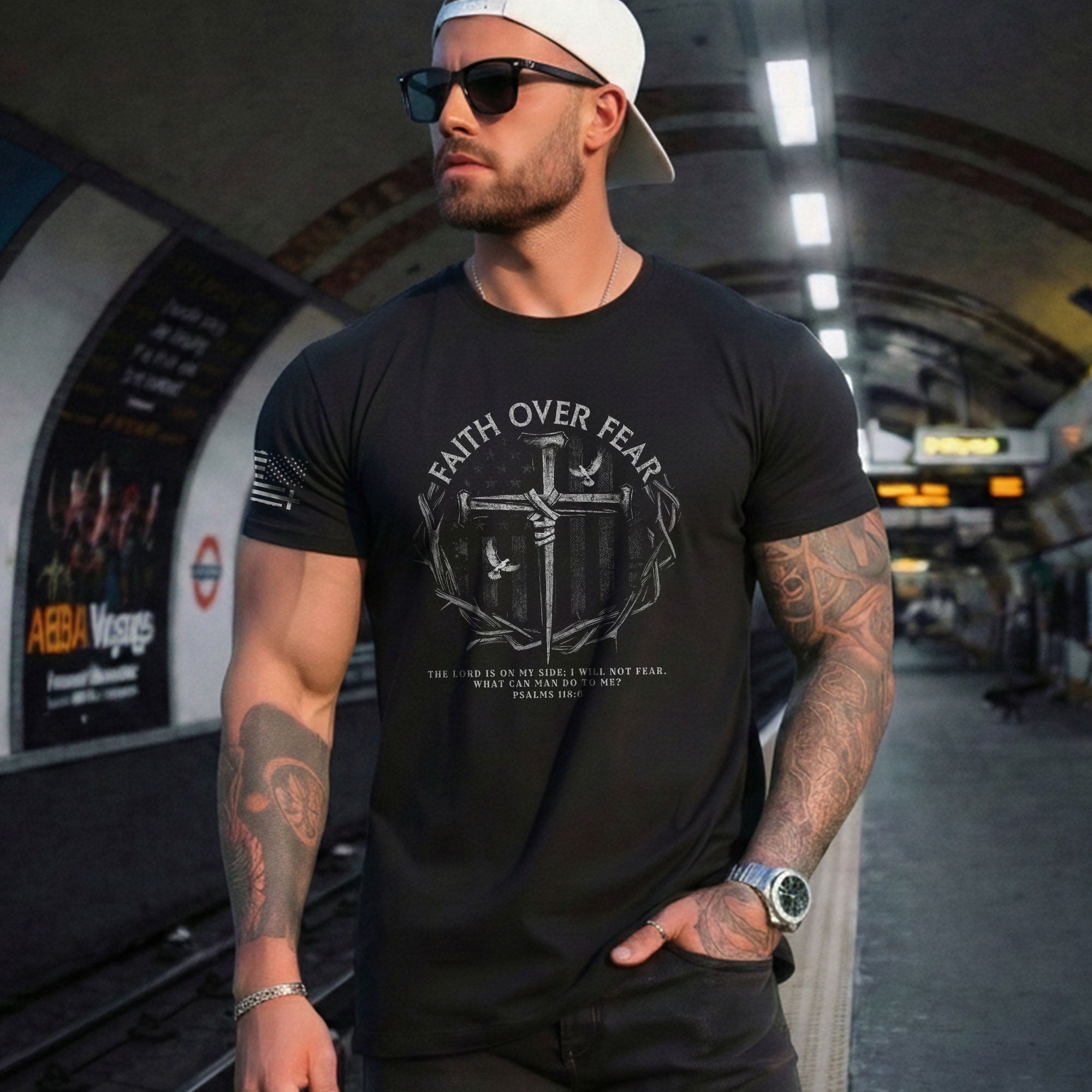 Christian Tee Shirts, Faith Over Fear American Flag Psalm 118:6 Christian - Christian Shirts for Men - Rust Field Wear