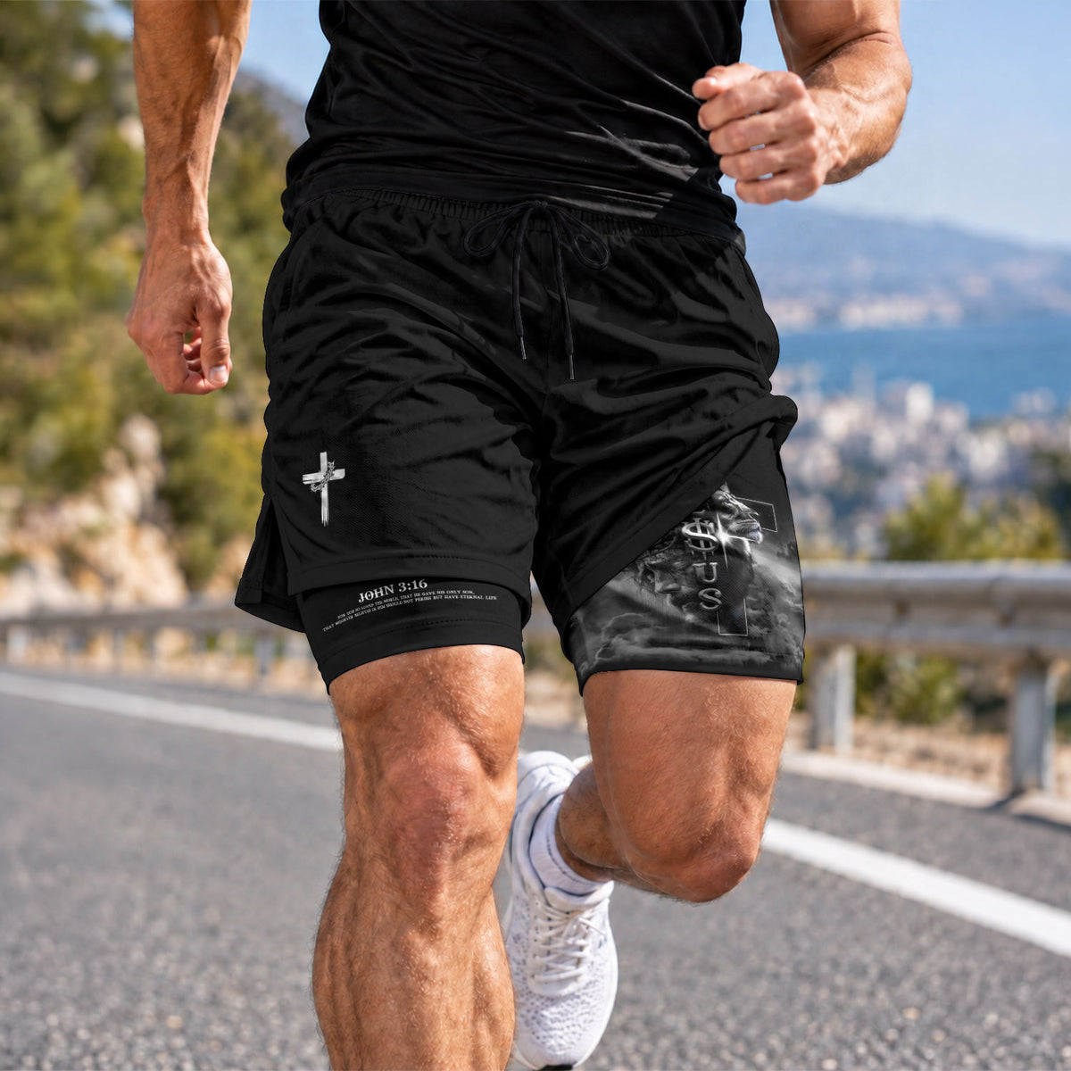 John 3:16 Christian Shorts for Men Jesus Cross Lion Design - Rust Field Wear