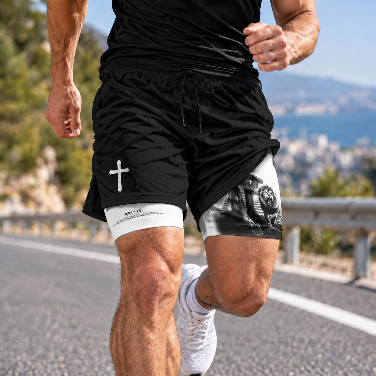 Christian Lion Cross Shorts for Men John 3:16 Bible Verse - Rust Field Wear