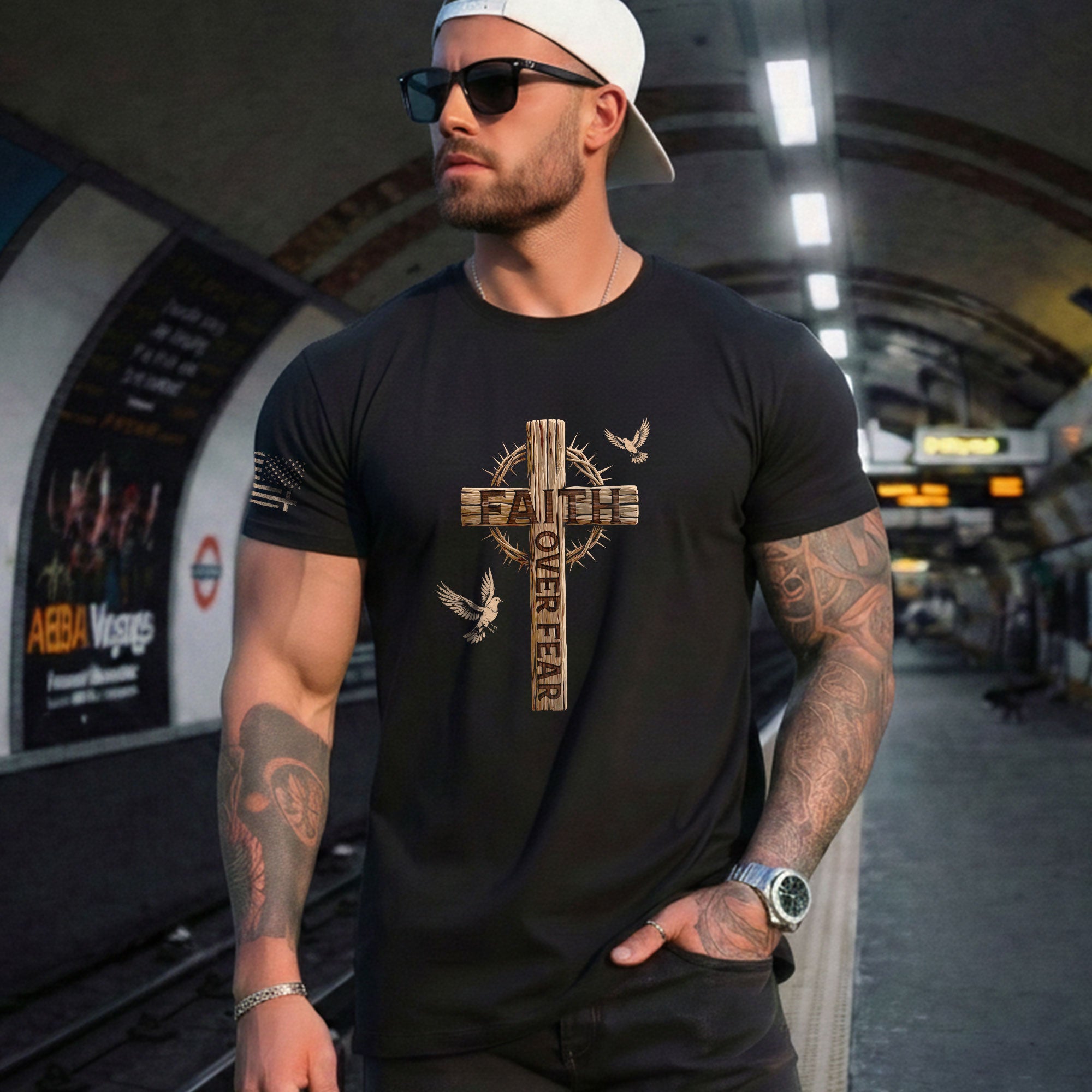Faith Over Fear Christian Wooden Cross Crown of Thorns Design, Christian Tee Shirts - Faith Shirts for Men - Rust Field Wear