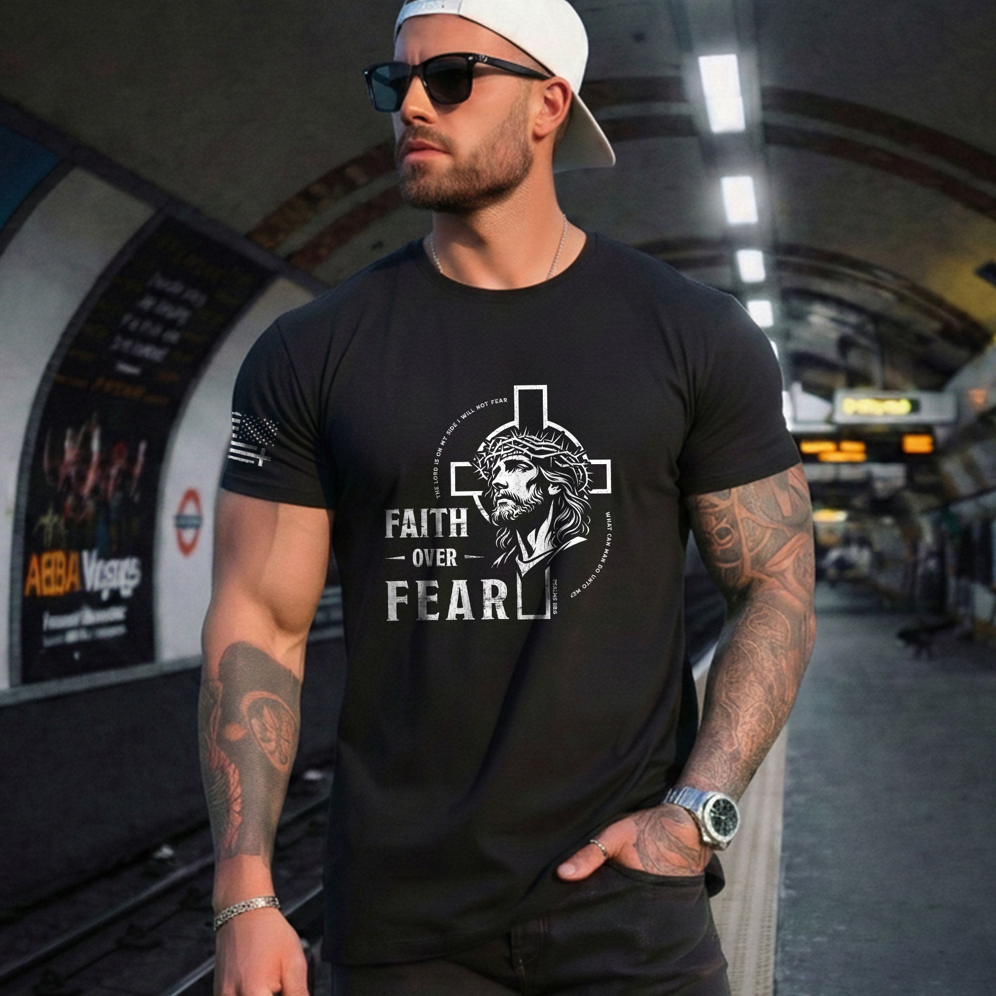 Faith Based Christian Tee Shirts, Faith Over Fear Christian Jesus Cross Crown of Thorns Design - Christian Shirts for Men - Rust Field Wear
