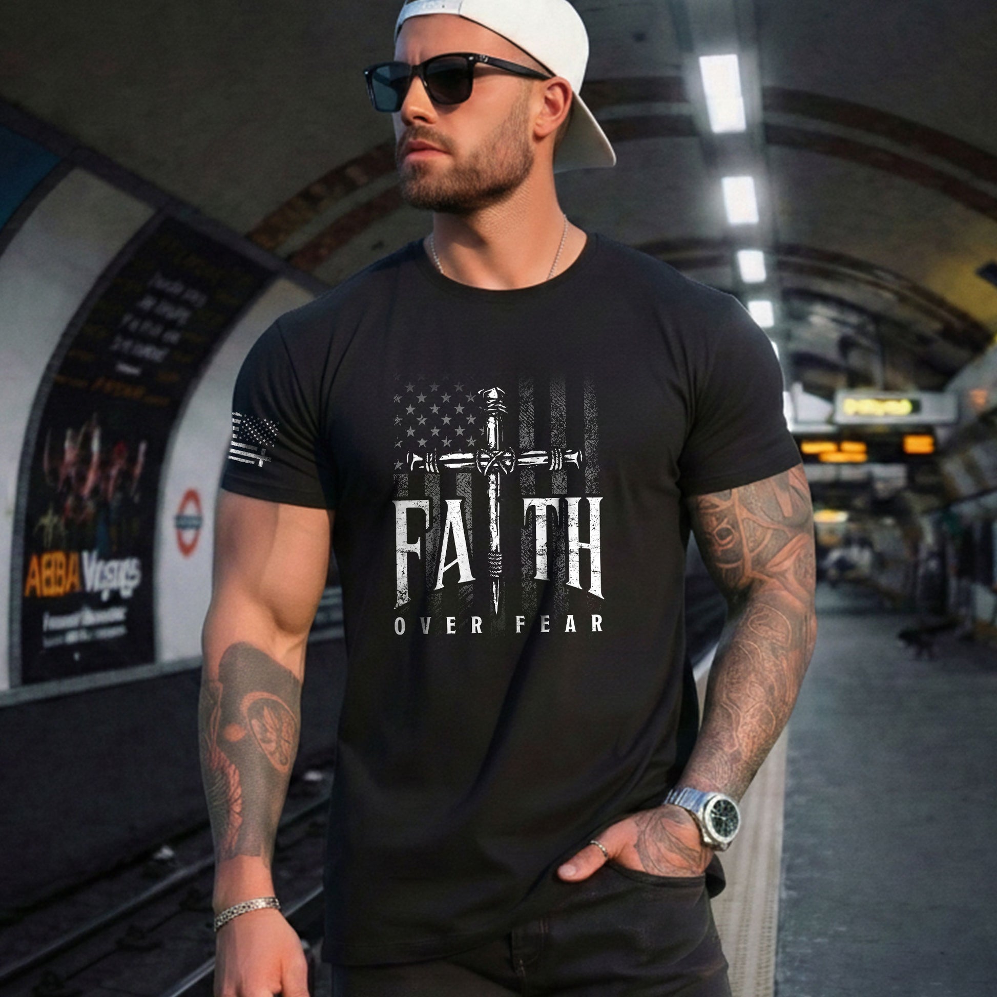 Christian Shirts for Men - Faith Over Fear Christian American Flag Cross Sword Design, Christian Tee Shirts - Rust Field Wear