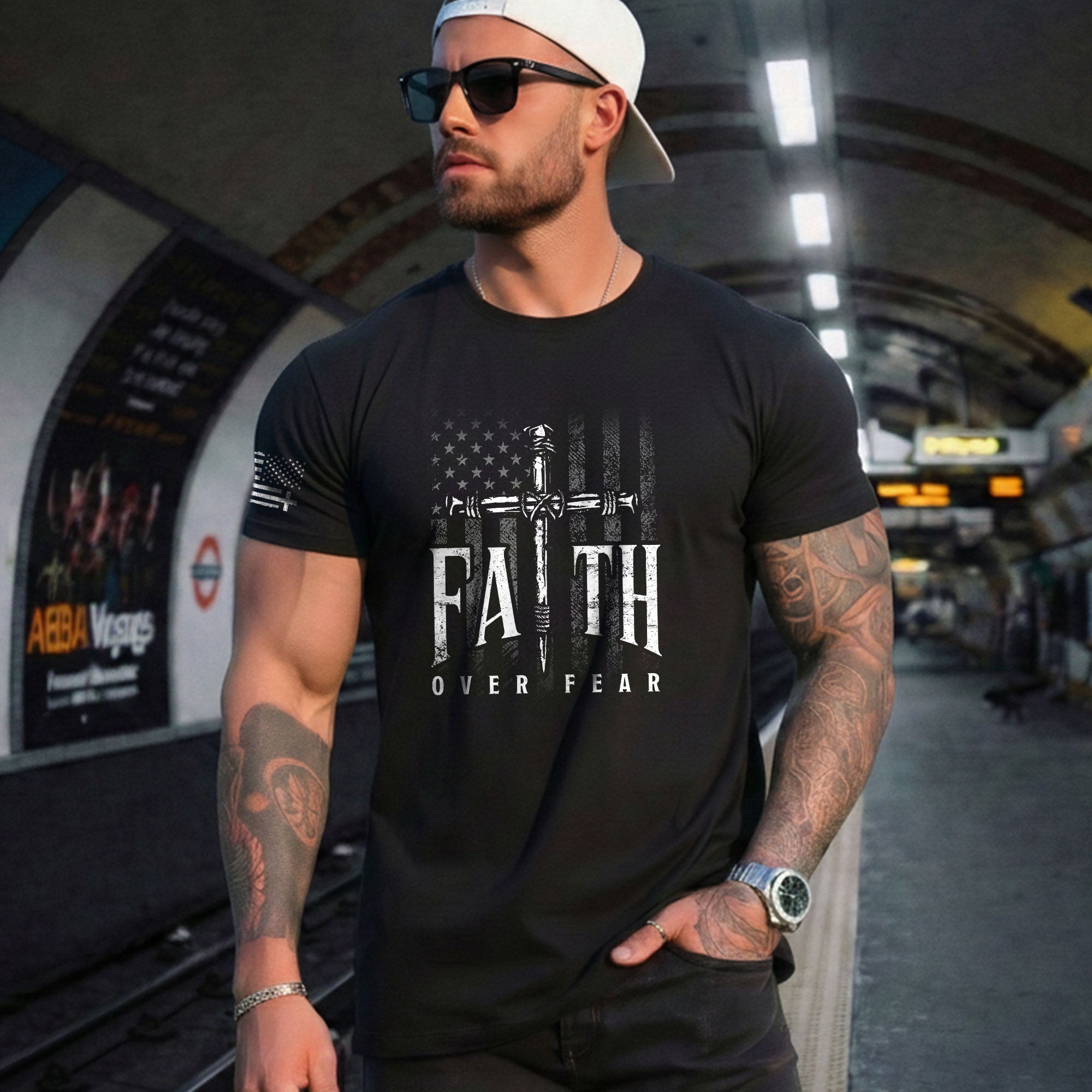 Christian Shirts for Men - Faith Over Fear Christian American Flag Cross Sword Design, Christian Tee Shirts - Rust Field Wear