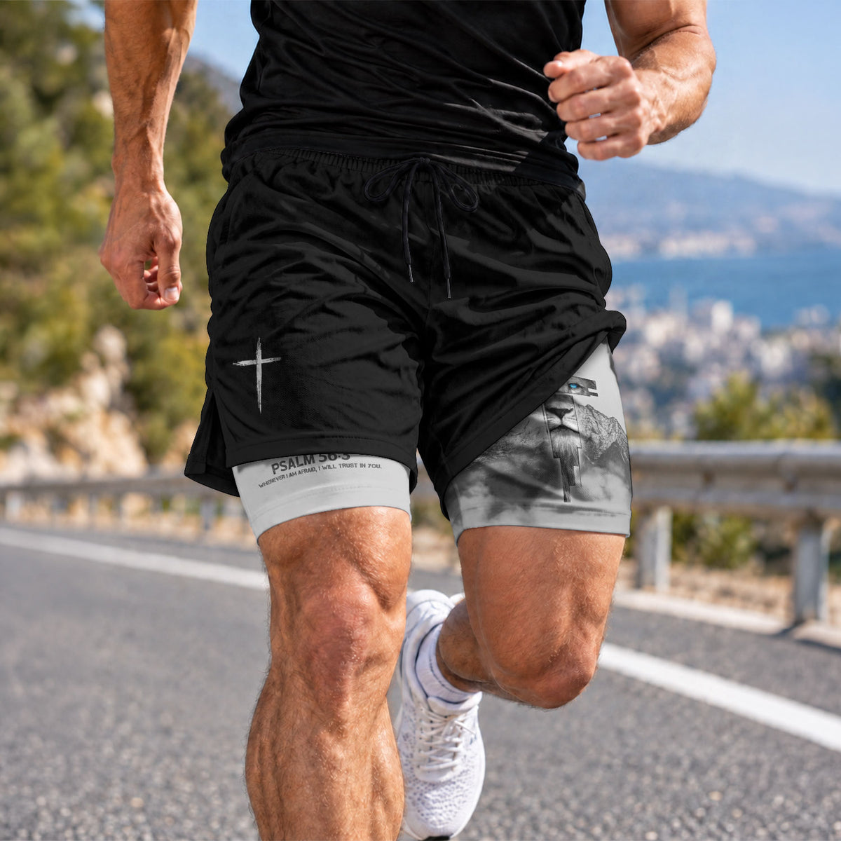 Psalm 56:3 Lion Cross Christian Gym Shorts Eyes of Faith - Rust Field Wear