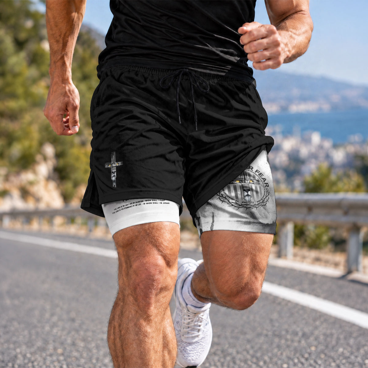 Faith Over Fear Christian Gym Shorts for Men Psalm 27:1 Armor Cross Lion - Rust Field Wear