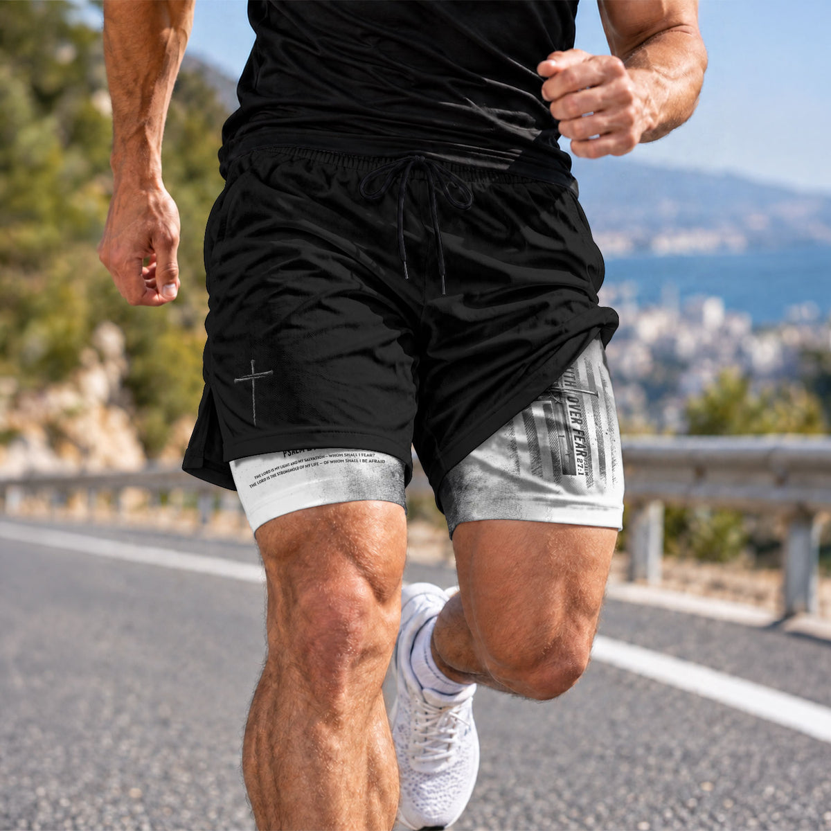 Faith Over Fear Christian Gym Shorts for Men Psalm 27:1 White Flag Cross - Rust Field Wear