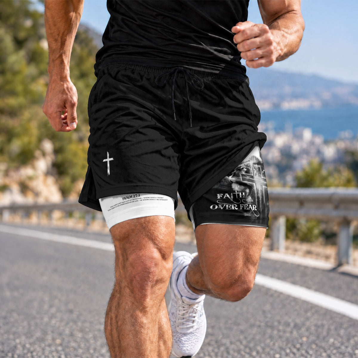 Faith Over Fear Christian Gym Shorts for Men – Psalm 27:1 Lion Cross - Rust Field Wear