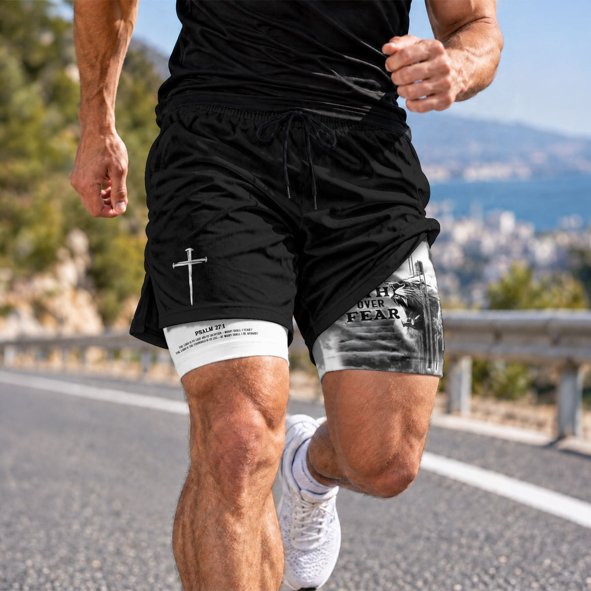 Faith Over Fear Christian Gym Shorts Psalm 27:1 Lion Cross - Rust Field Wear