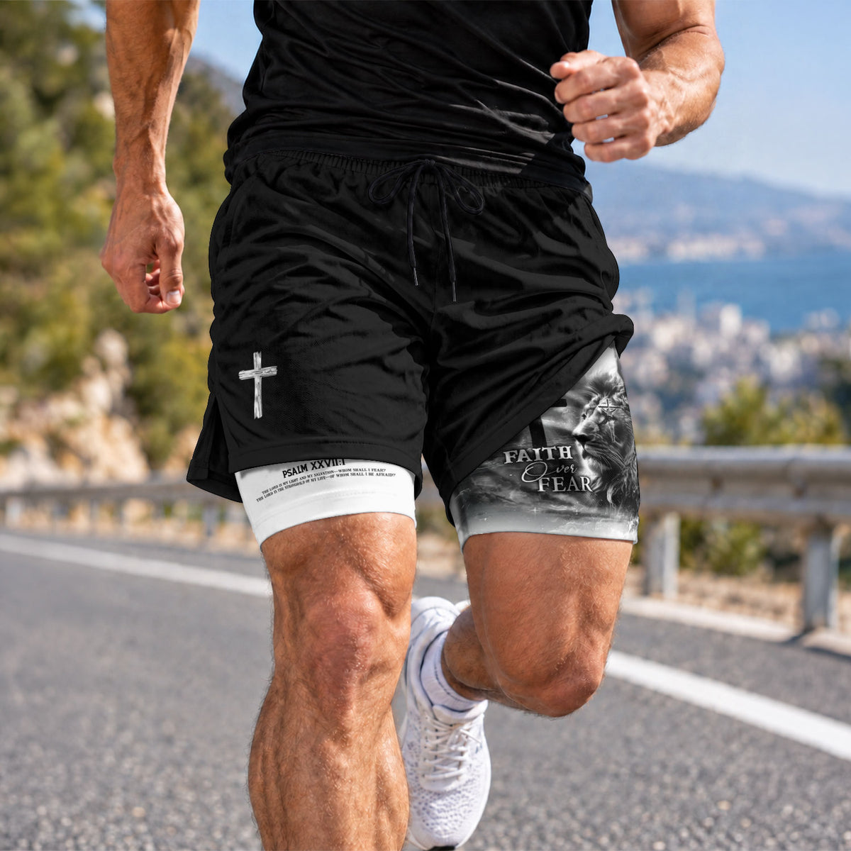 Faith Over Fear Psalm 27:1 Lion Cross Christian Gym Shorts - Rust Field Wear