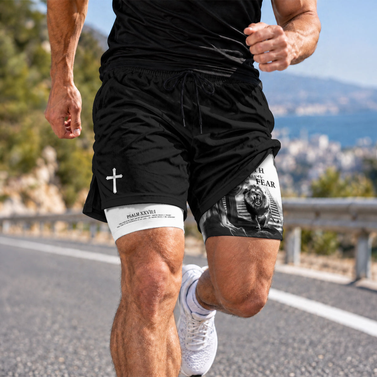 Faith Over Fear Christian Gym Shorts for Men Jesus Cross Bible Verse - Rust Field Wear