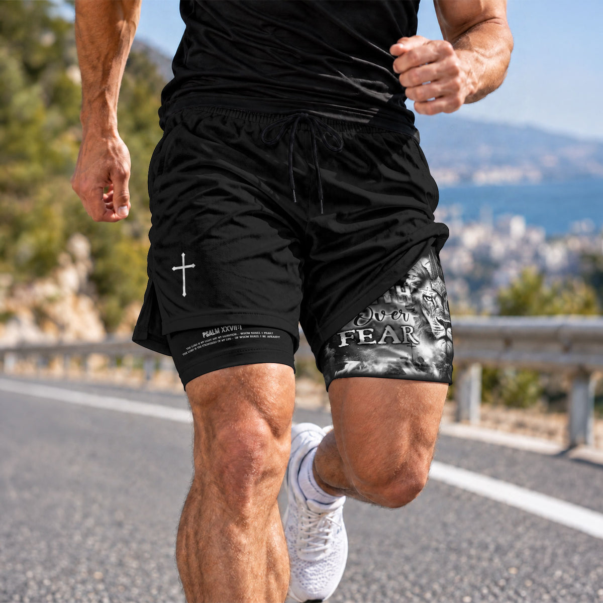 Psalm 27:1 Faith Over Fear Christian Gym Shorts for Men Warrior Cross Design - Rust Field Wear