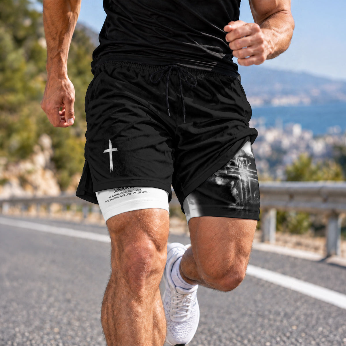 Joshua 1:9 Christian Gym Shorts for Men Lion Cross Bible Verse - Rust Field Wear