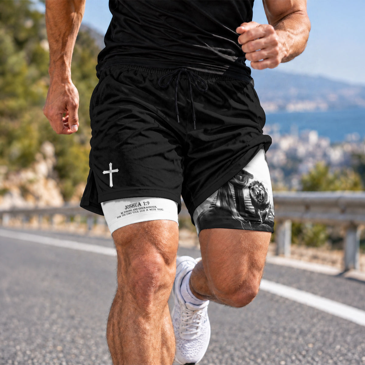 Joshua 1:9 Christian Gym Shorts for Men Lion Cross Courage Design - Rust Field Wear