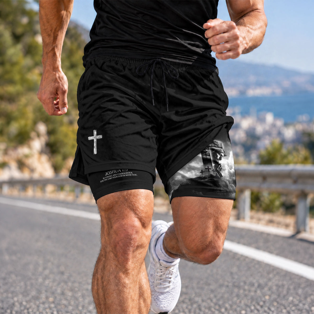 Joshua 1:9 Christian Gym Shorts for Men Jesus Cross Prayer Design - Rust Field Wear