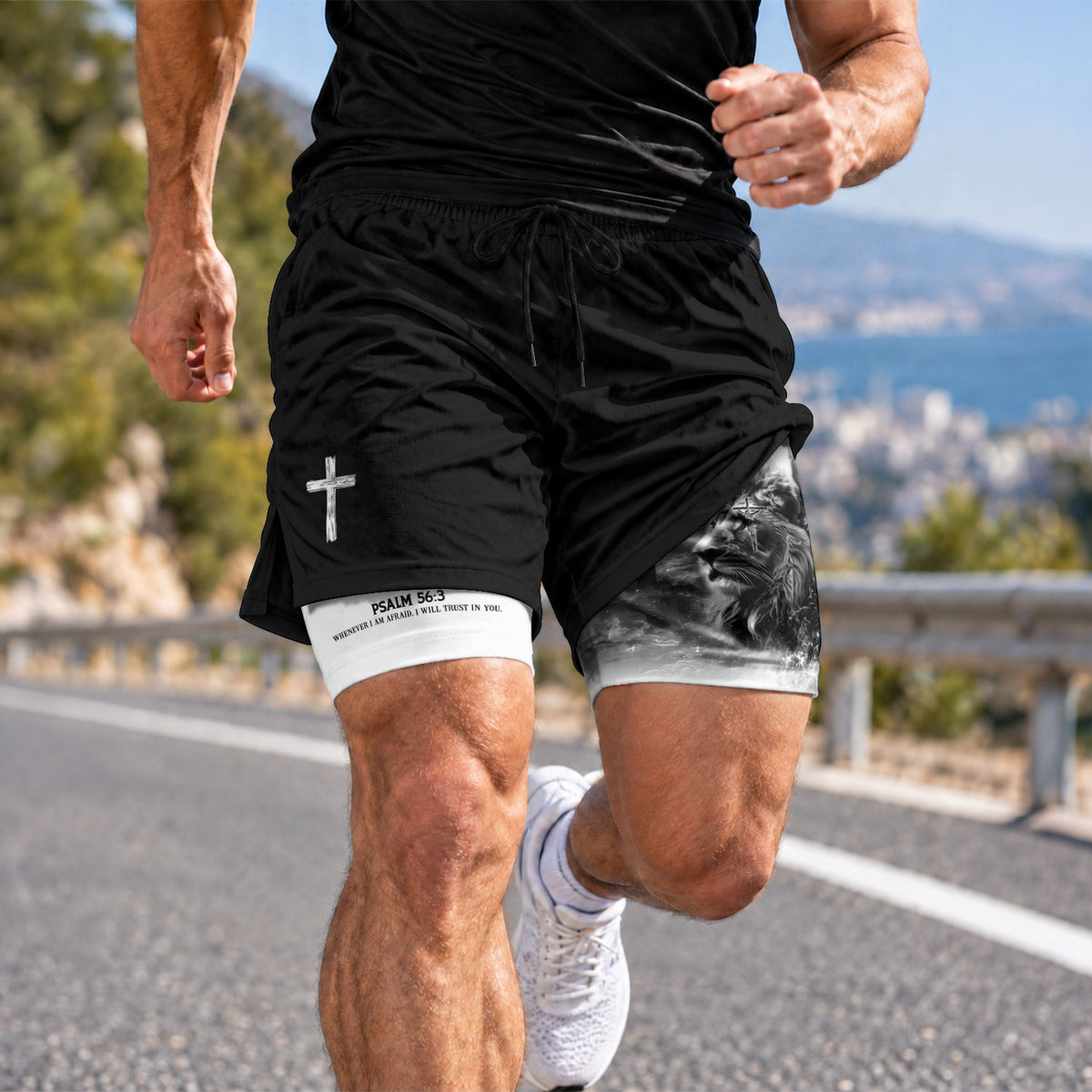Psalm 56:3 Christian Gym Shorts for Men Lion of Judah Cross Design - Rust Field Wear