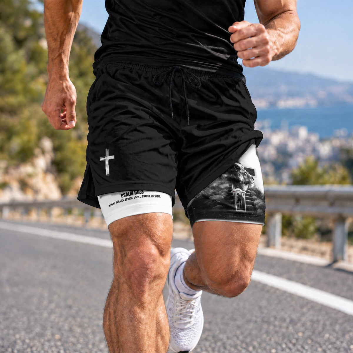 Psalm 56:3 Christian Gym Shorts for Men Jesus Cross Stairway Design - Rust Field Wear