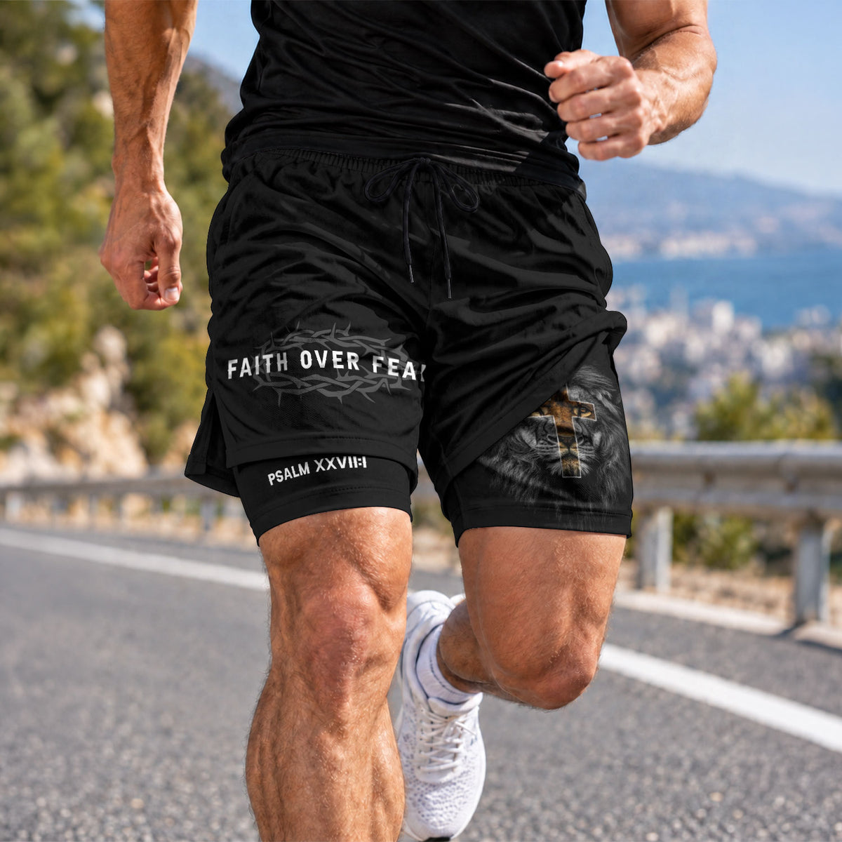 Psalm 27:1 Faith Over Fear Christian Mens Gym Shorts Brown Lion Scripture Design - Rust Field Wear
