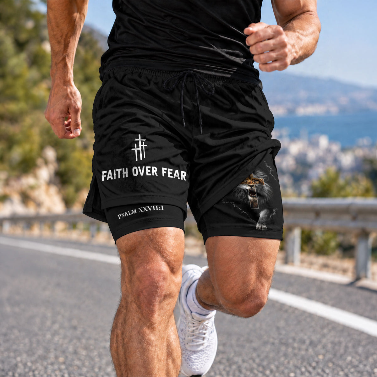 Psalm 27:1 Faith Over Fear Christian Mens Athletic Shorts Roaring Lion Scripture Art - Rust Field Wear