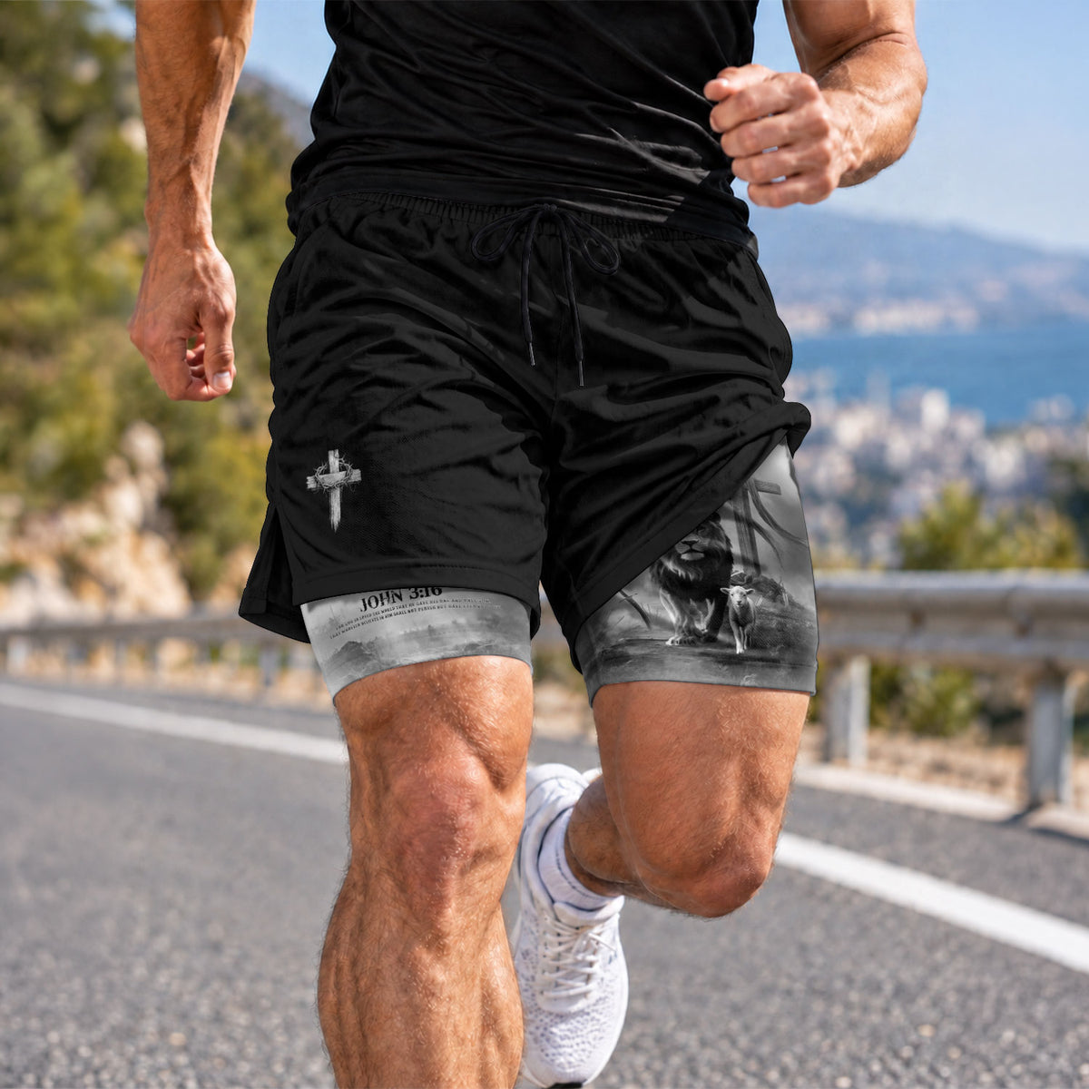 John 3:16 Christian Gym Workout Shorts Men Lion and Lamb Cross Bible Verse - Rust Field Wear