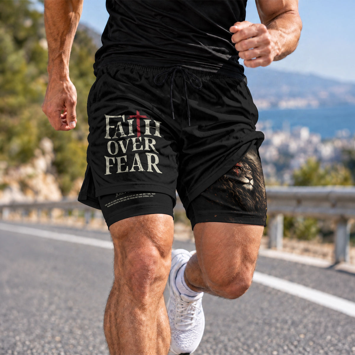 John 3:16 Bible Verse Christian Workout Shorts Men Lion of Judah Faith Over Fear Activewear - Rust Field Wear