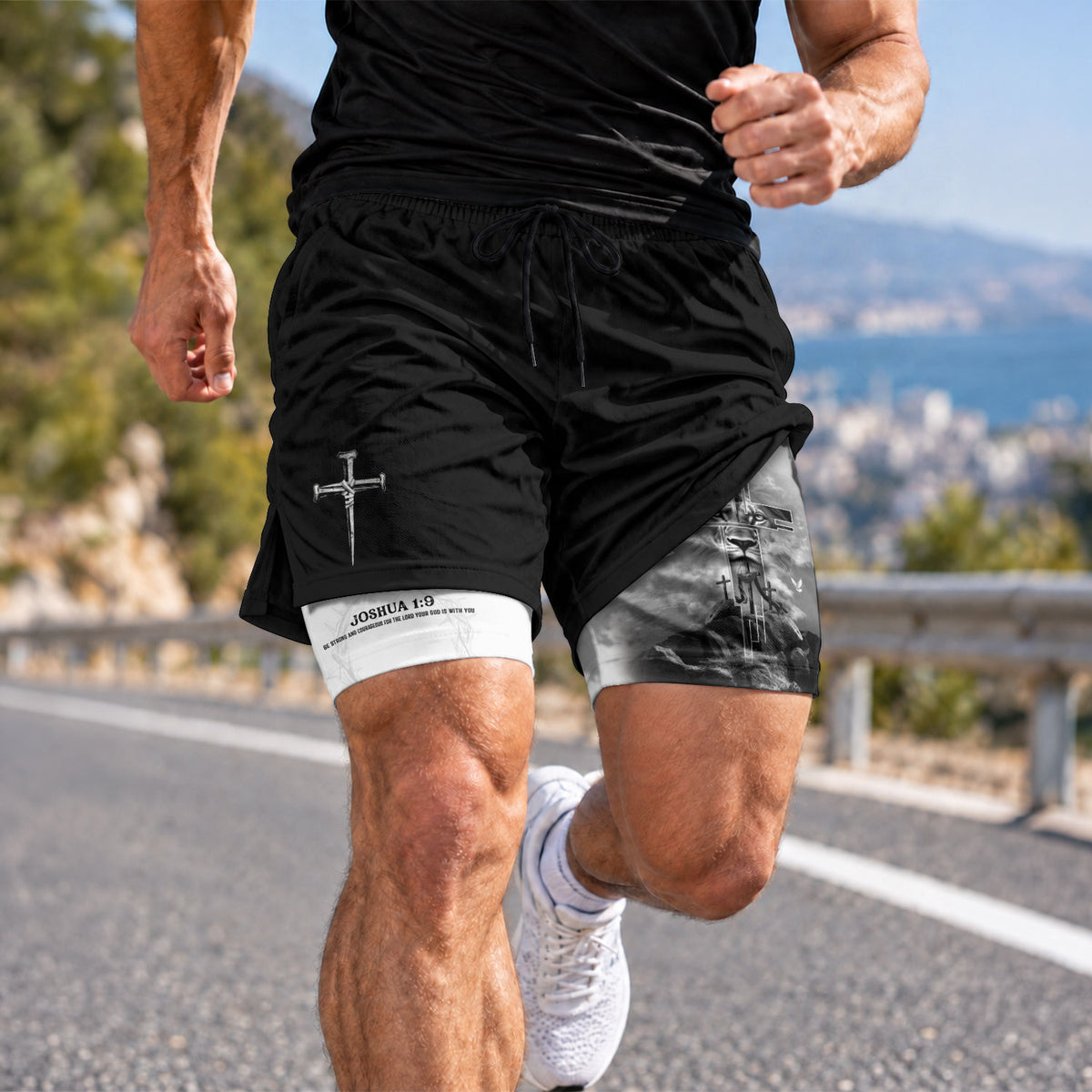 Joshua 1:9 Bible Verse Christian Men Gym Shorts Cross Lion of Judah Training Performance Gear - Rust Field Wear