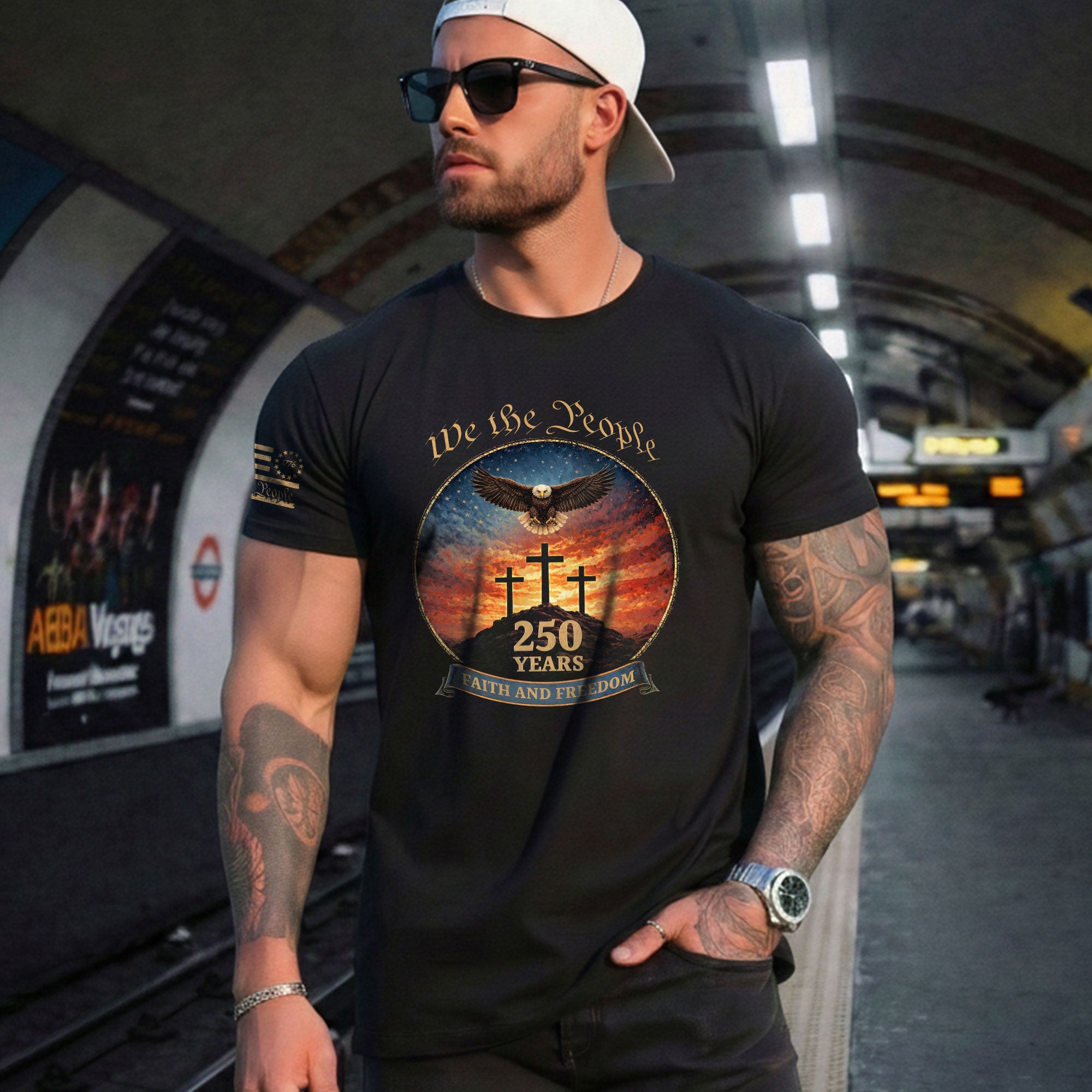 We the People 250th Anniversary T-Shirt - Christian American Patriot Eagle Soaring Over Three Crosses Design - Rust Field Wear