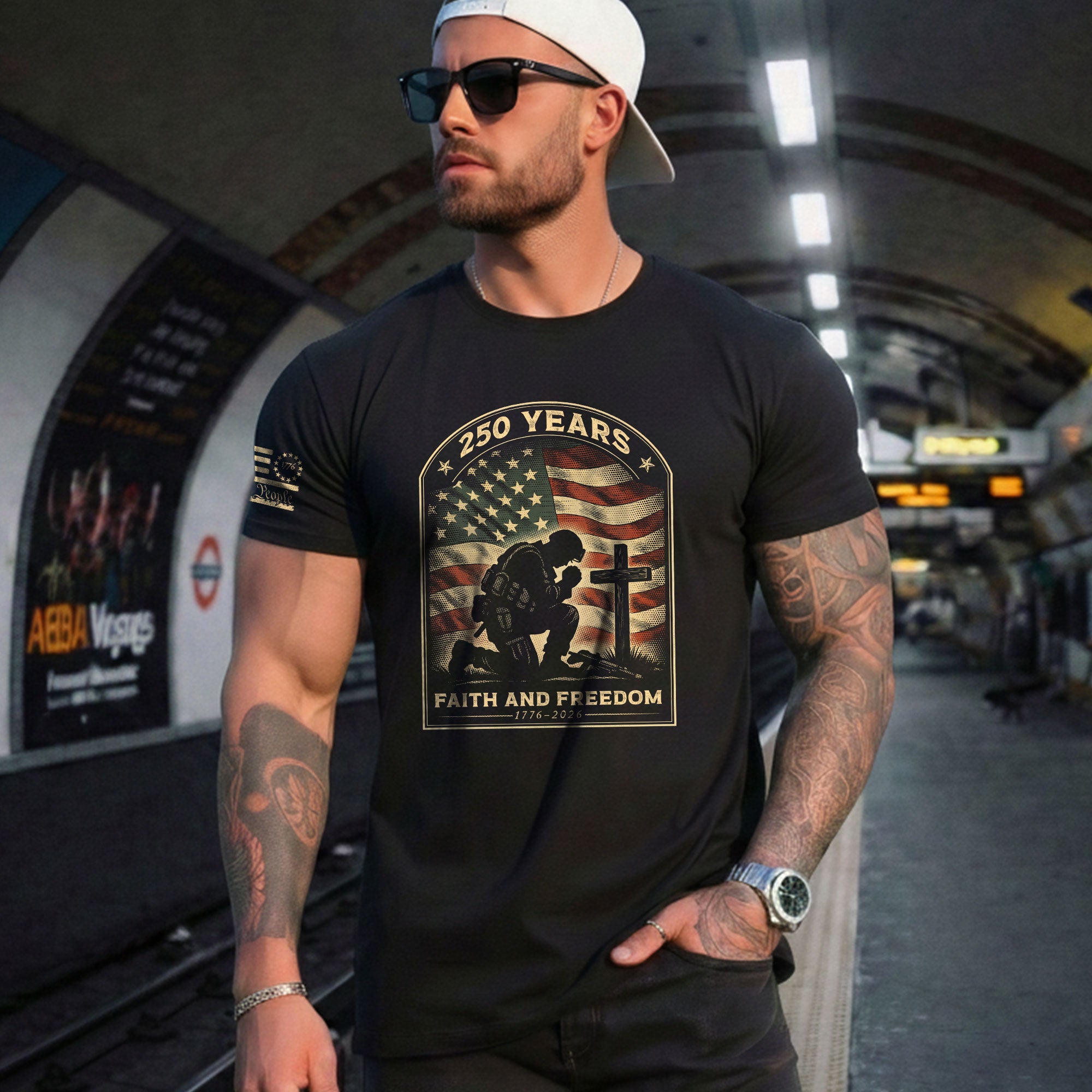 Faith and Freedom 250 Years 250th Anniversary Patriotic T-Shirt - Kneeling Soldier Prayer & American Flag Graphic Tee - Rust Field Wear