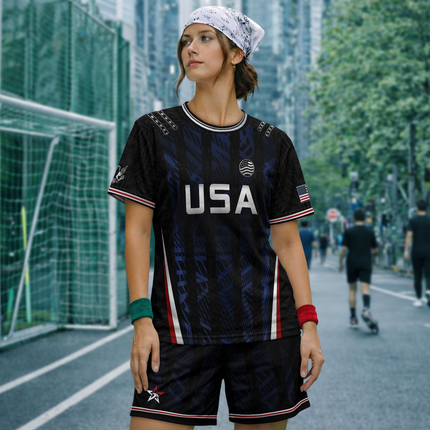 USA Soccer Jersey Black Blue Eagle Crest Athletic Shirt for Men Women Fans