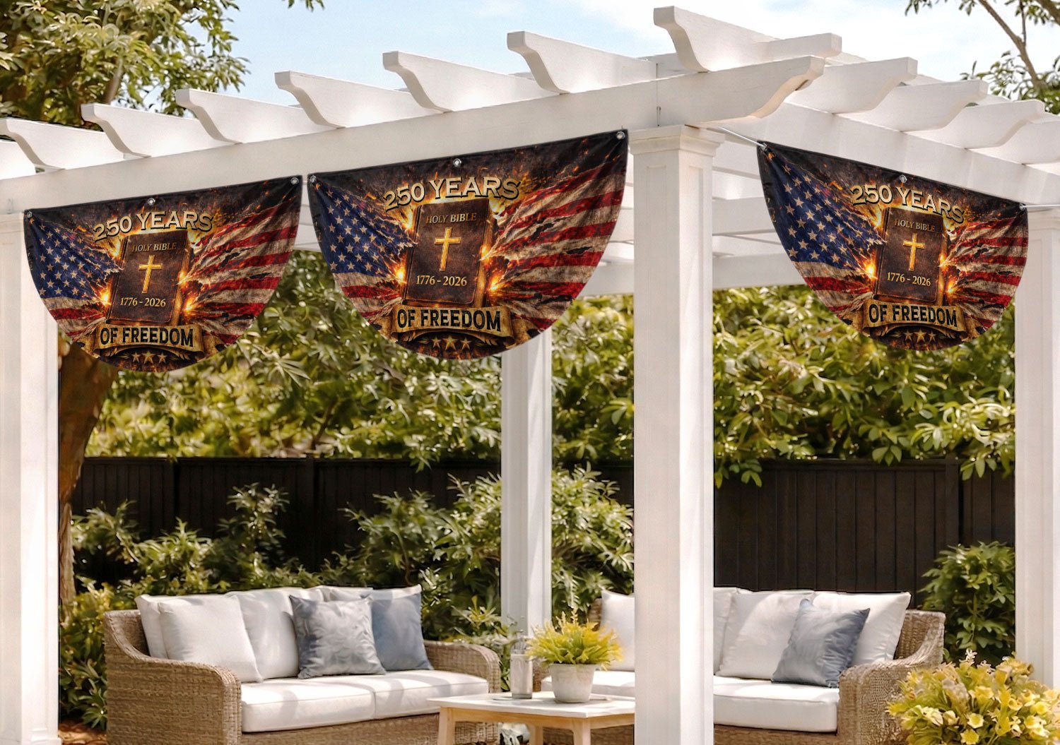 Fence Flag USA 250th Anniversary 1776–2026 Christian Cross Bible Patriotic Banner 250 Year American Freedom Flag - Rust Field Wear
