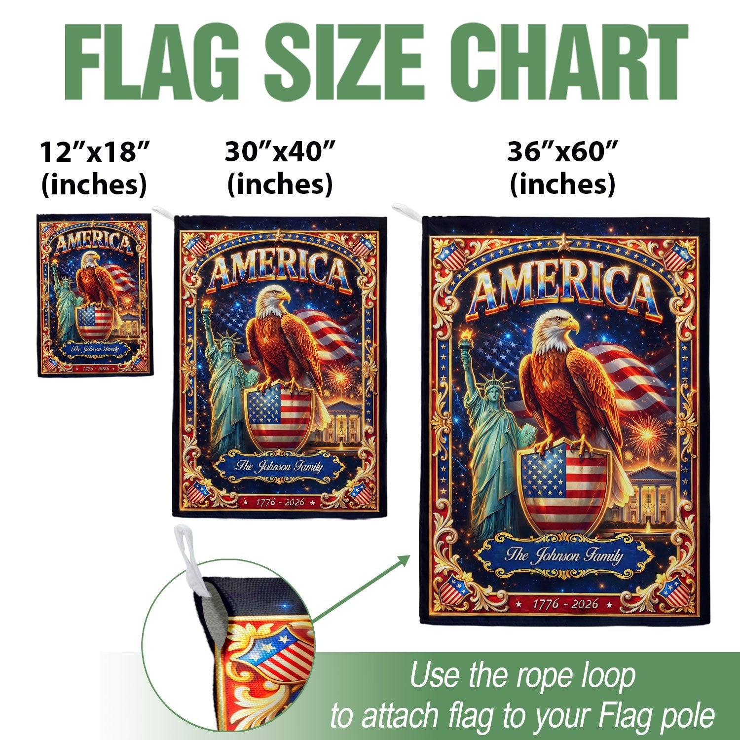 Custom Family Name 250th Anniversary Garden Flag – USA Eagle & Statue of Liberty 1776-2026 - Rust Field Wear