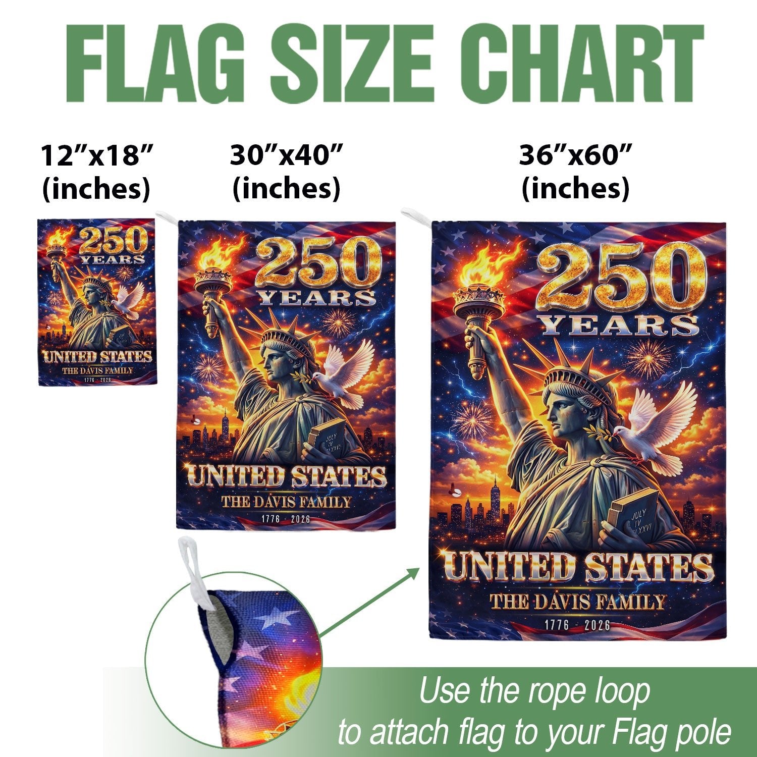 Custom Family Name 250th Anniversary Garden Flag – Statue of Liberty USA 1776-2026 - Rust Field Wear