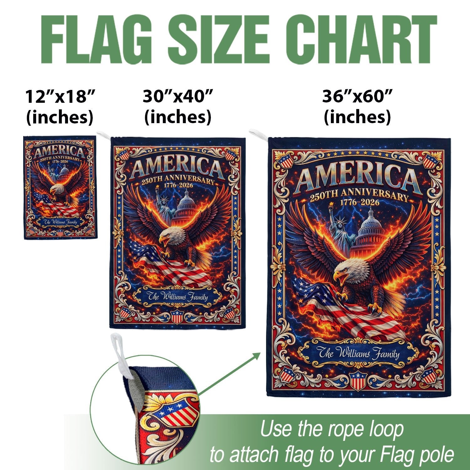 Personalized 250 Years USA Garden Flag – Family Name with Eagle, Statue of Liberty & Capitol (1776–2026) - Rust Field Wear