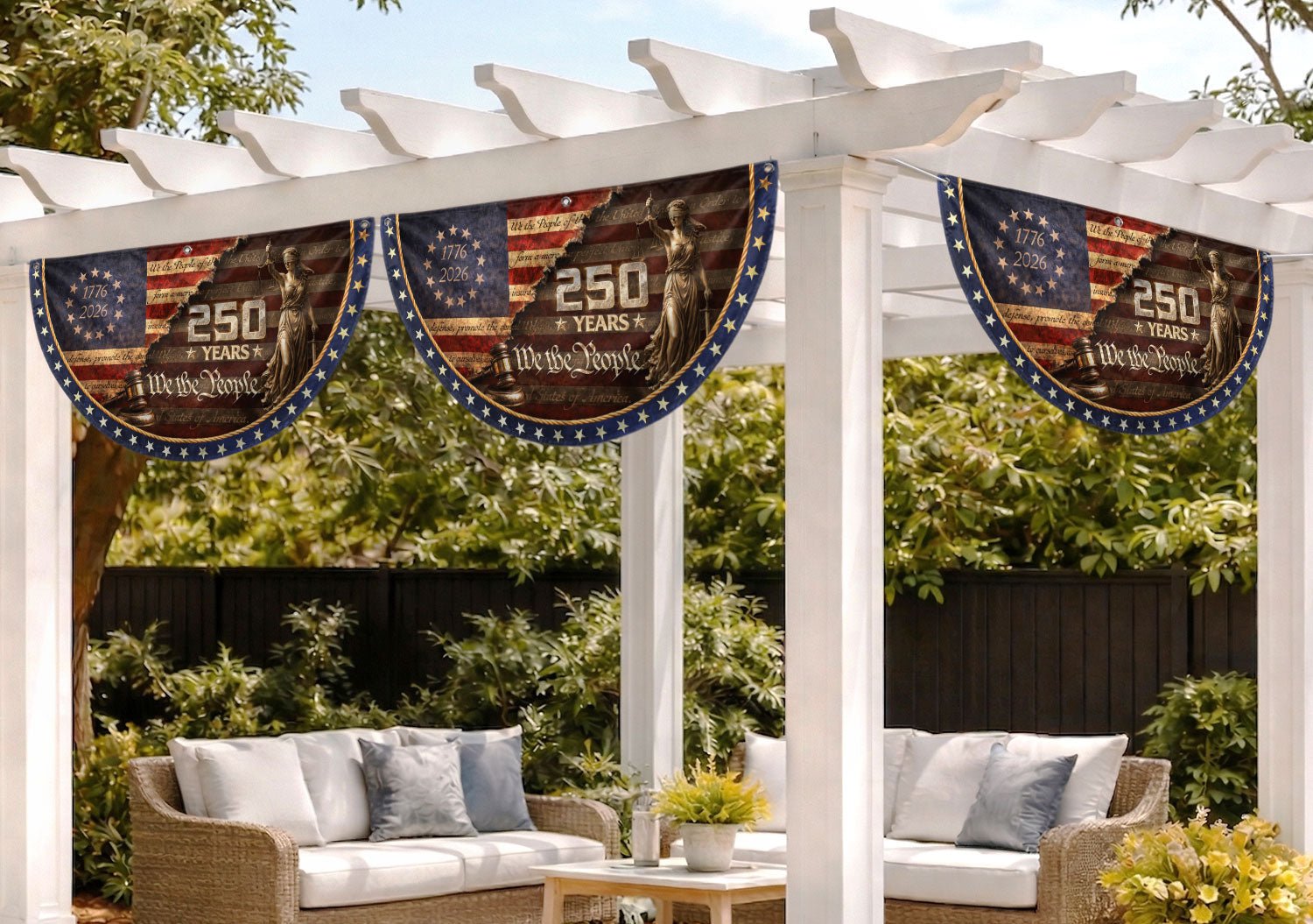 We The People Fence Flag Lady Justice & Gavel 250 Years Patriotic - 1776-2026 Decor - Rust Field Wear