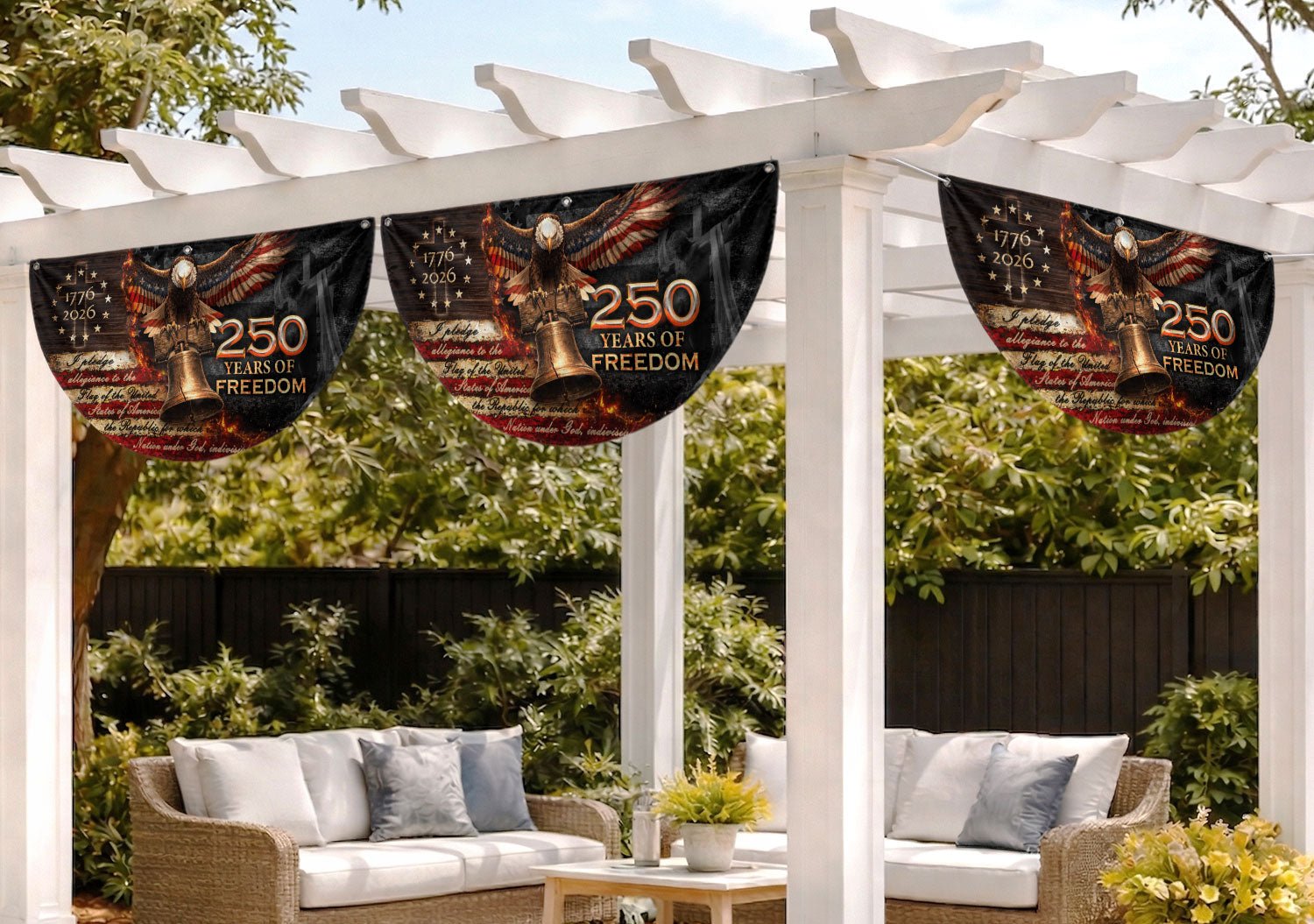 250 Years of Freedom Fence Flag 1776-2026 – Christian Patriotic Cross & Liberty Bell USA Double Sided Banner - Rust Field Wear