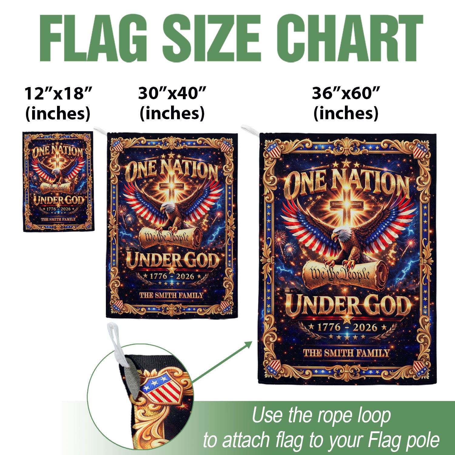 One Nation Under God 250th Anniversary Garden Flag – Custom Family Name with Eagle, Cross & 'We the People' 1776-2026