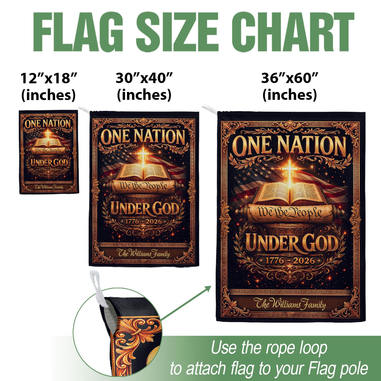 One Nation Under God 250th Anniversary Garden Flag – Custom Family Name with Bible, Cross & 'We the People' 1776-2026