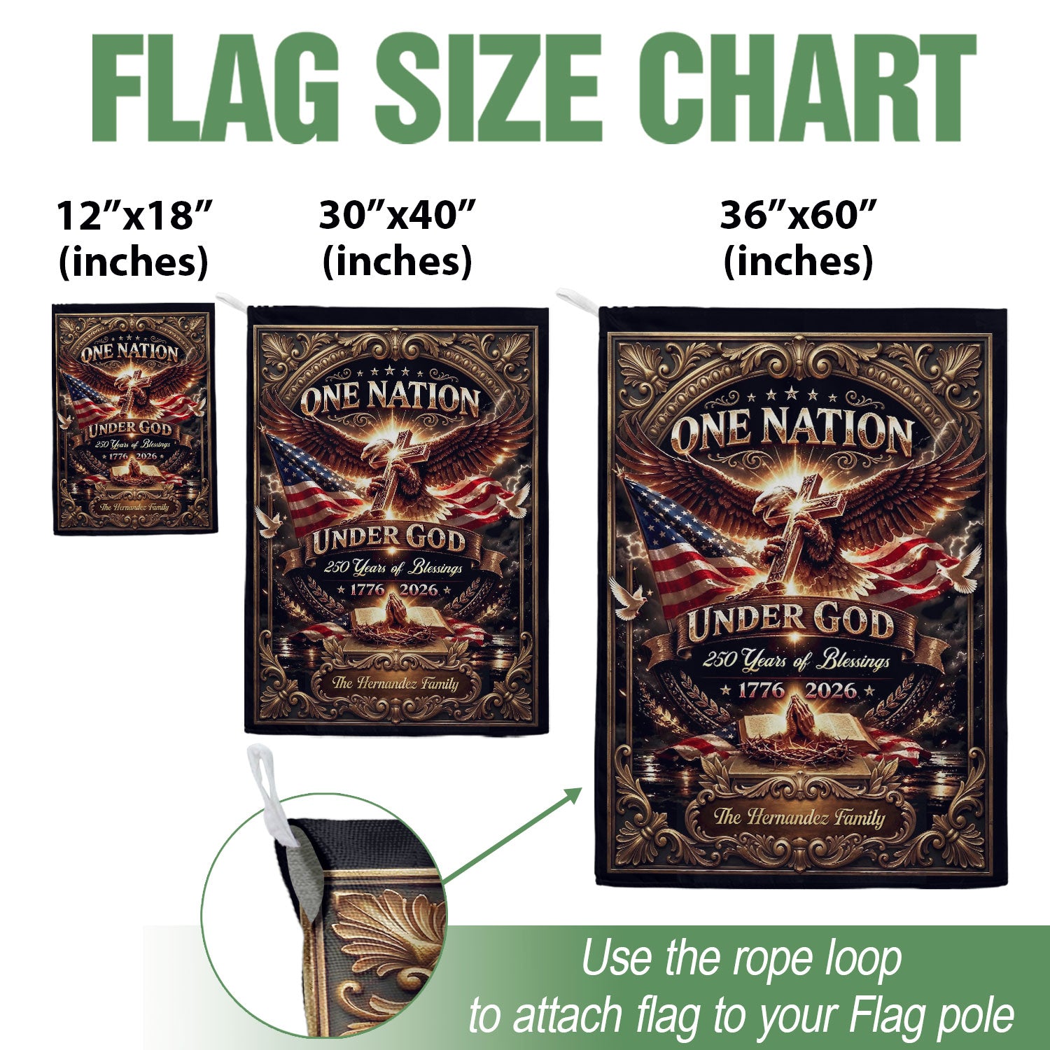 One Nation Under God 250th Anniversary Garden Flag – Custom Family Name with Eagle, Cross & Bible 1776-2026 - Rust Field Wear