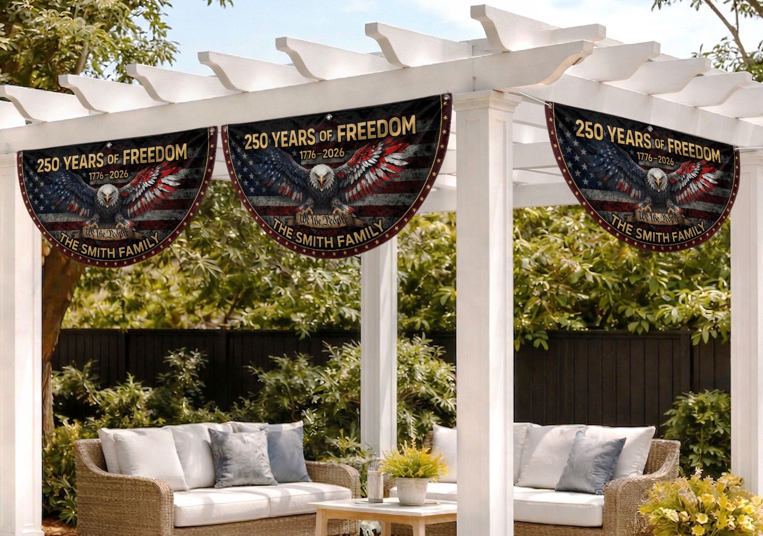 American Bald Eagle Fence Flag Custom Family Name 250 Years Freedom 1776-2026 Patriotic Yard Decor - Rust Field Wear