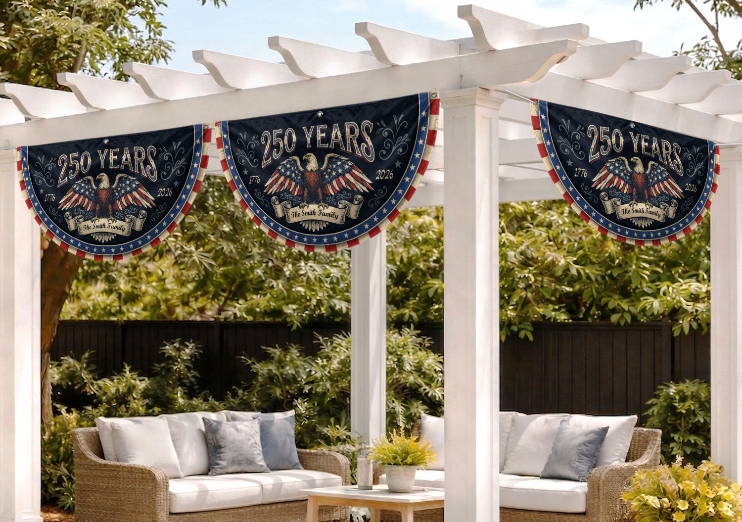 250 Years 1776-2026 Patriotic Fence Flag - Custom Family Name Eagle Outdoor Banner