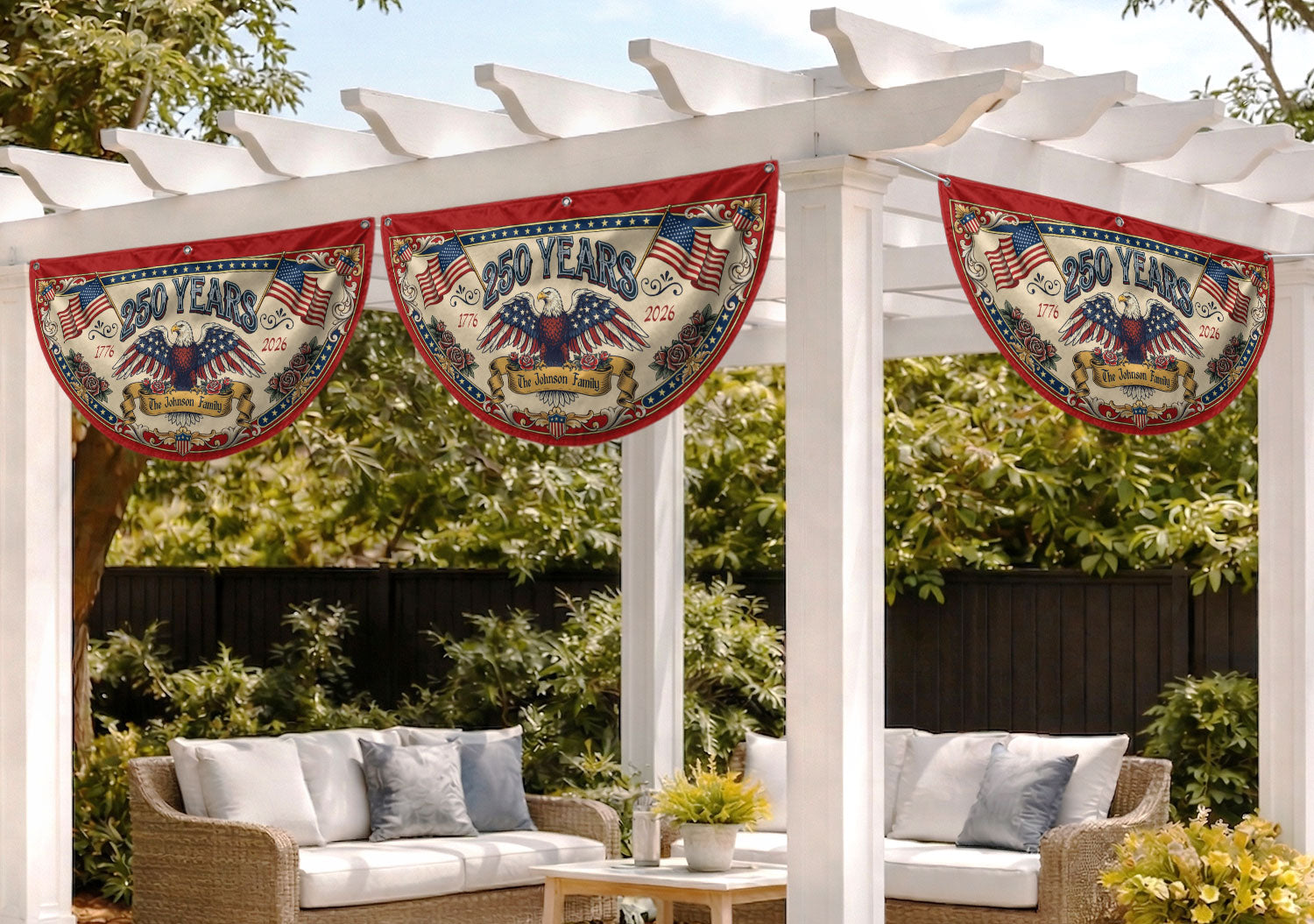250 Years 1776-2026 American Anniversary Fence Flag - Custom Family Name Patriot Bunting