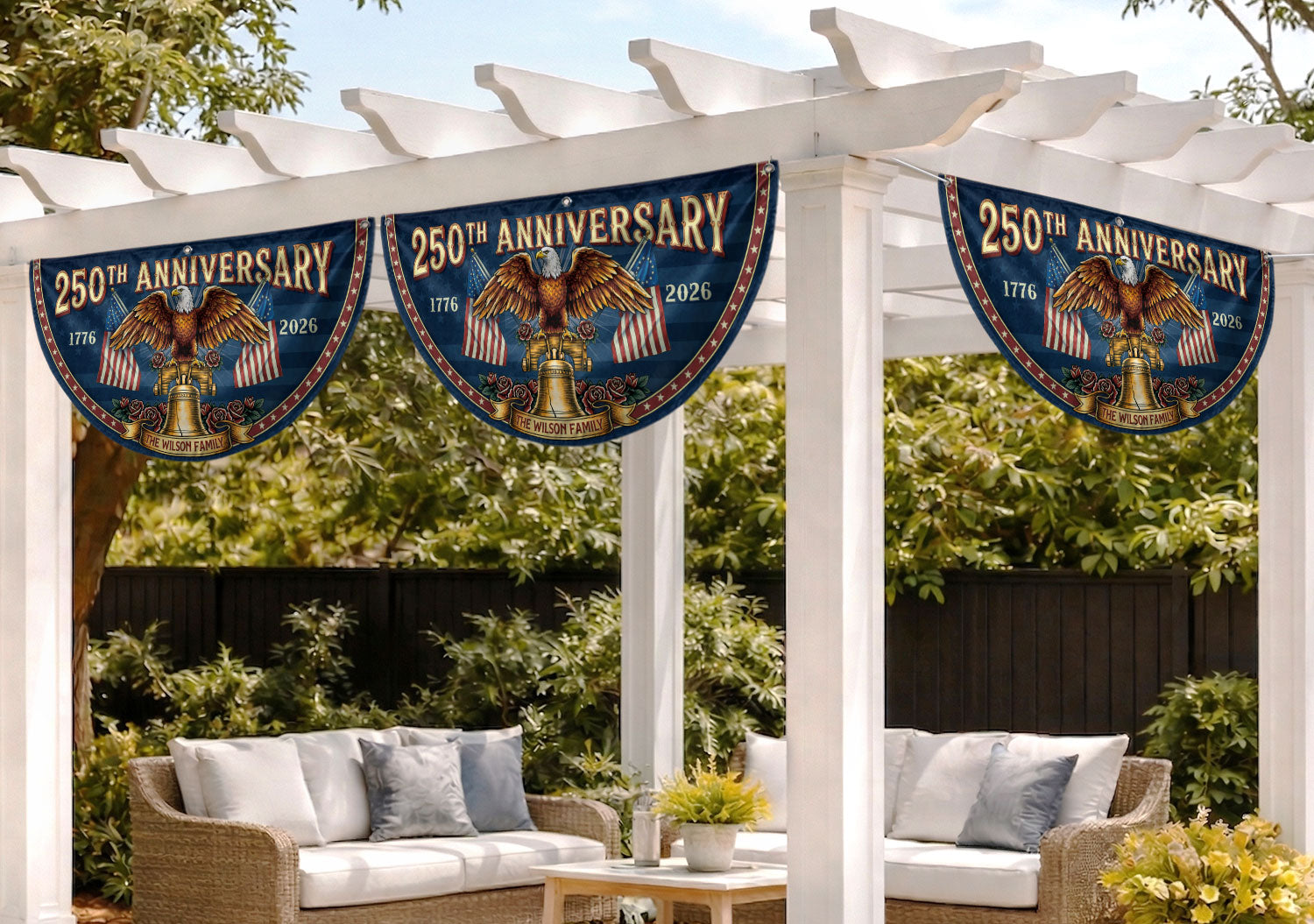 250th Anniversary 1776-2026 Liberty Bell Custom Family Name Patriot Fence Flag Banner