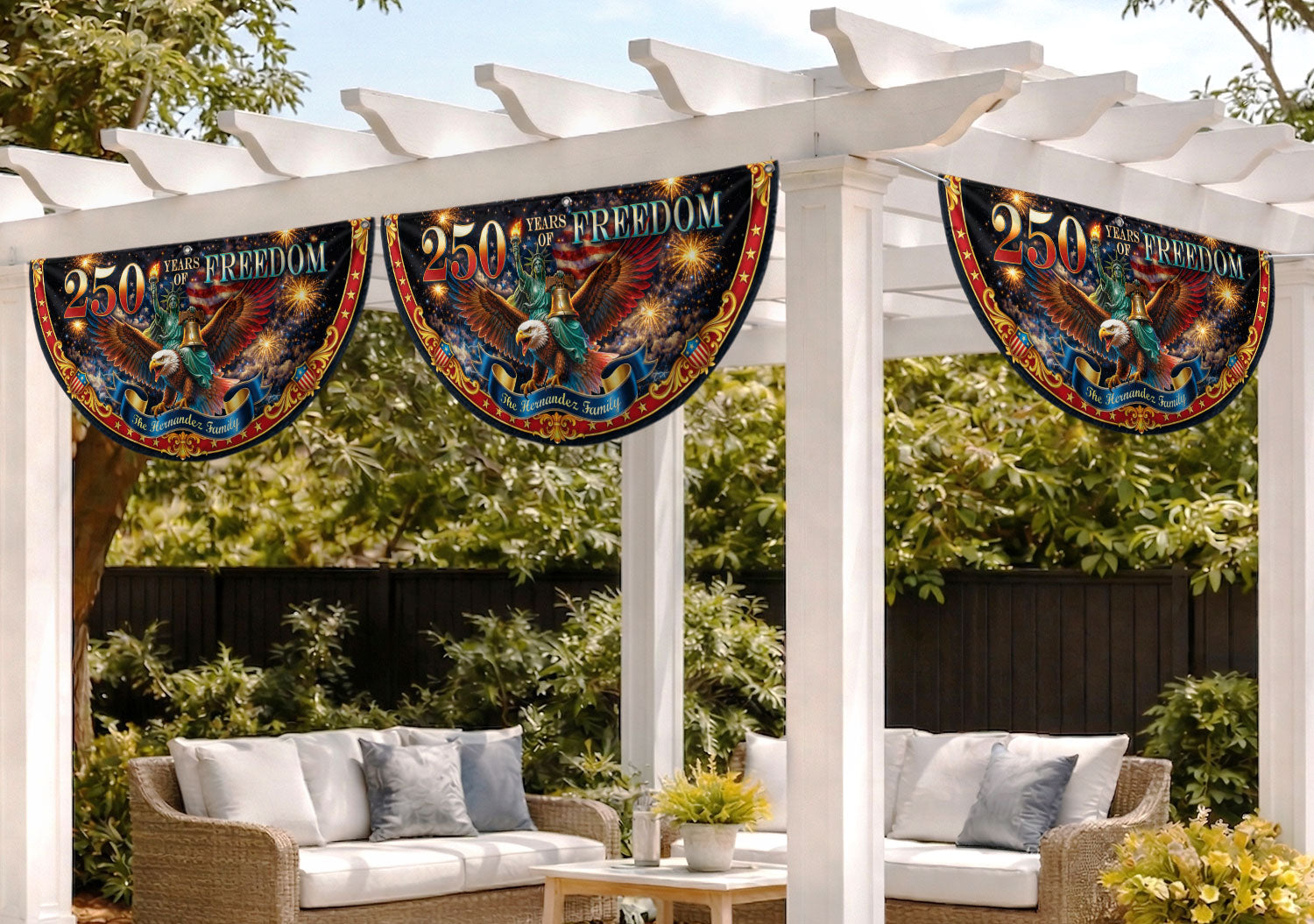 250 Years of Freedom Custom Family Name Patriot Fence Flag - Outdoor Bunting Banner