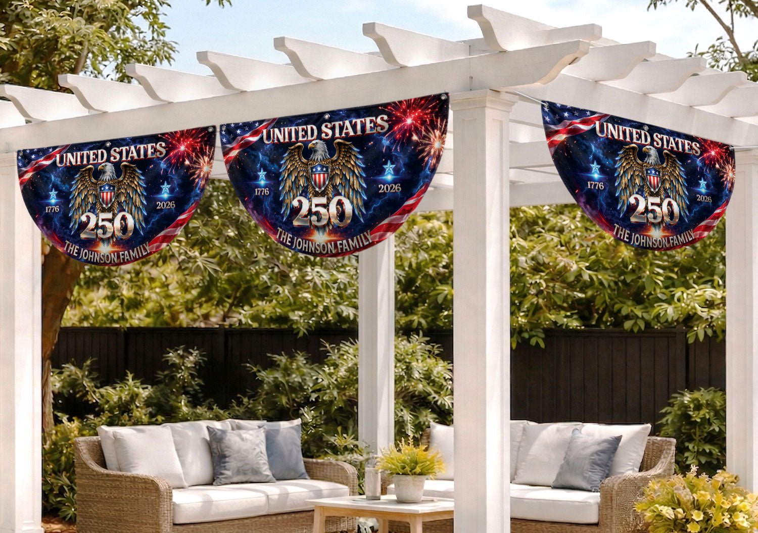 Custom Family Name United States 250 Years Patriot Eagle 1776-2026 Bunting Fence Flag - Rust Field Wear